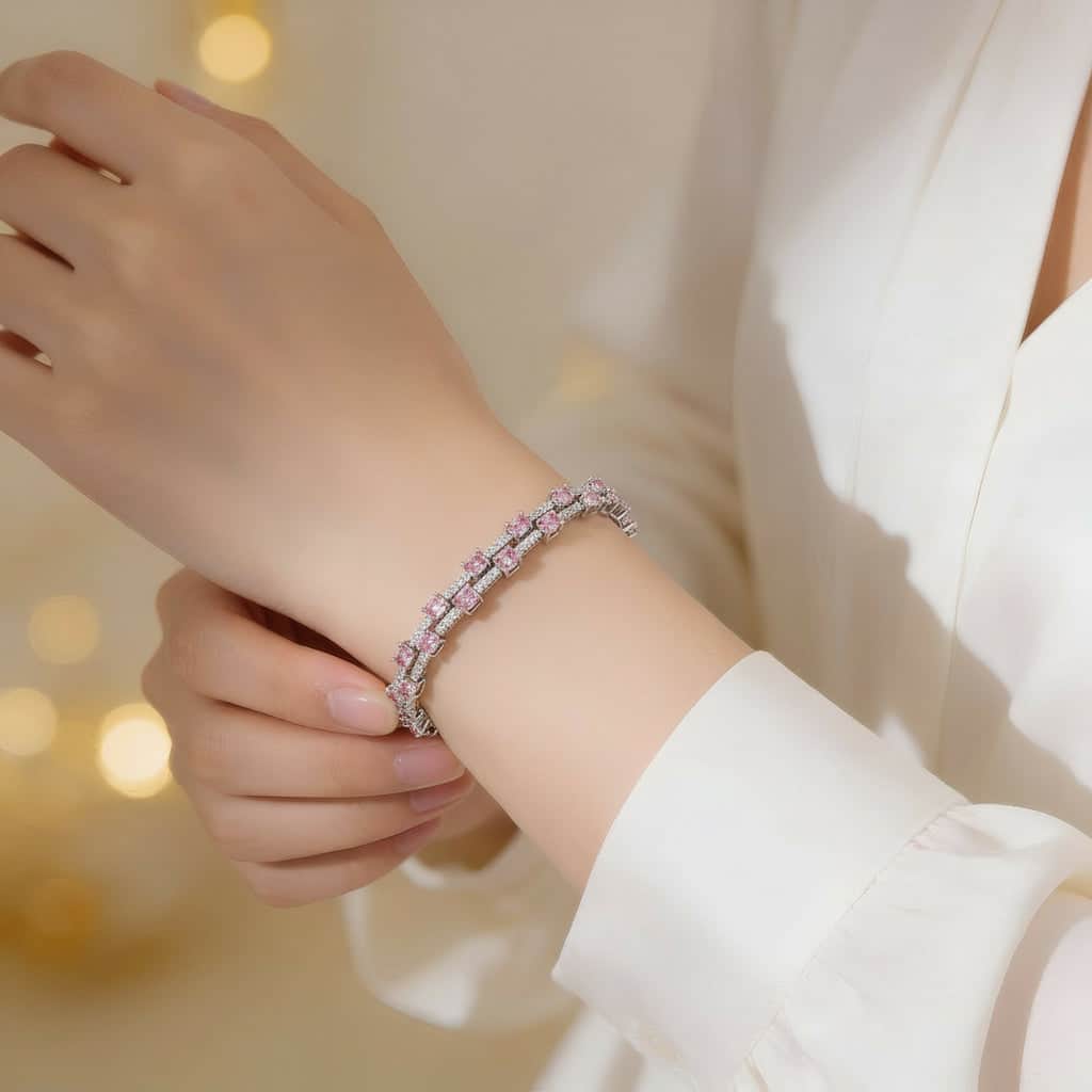 Mataari Bracelet Rose Quartz Double Layer Cubic Zirconia Tennis Bracelet