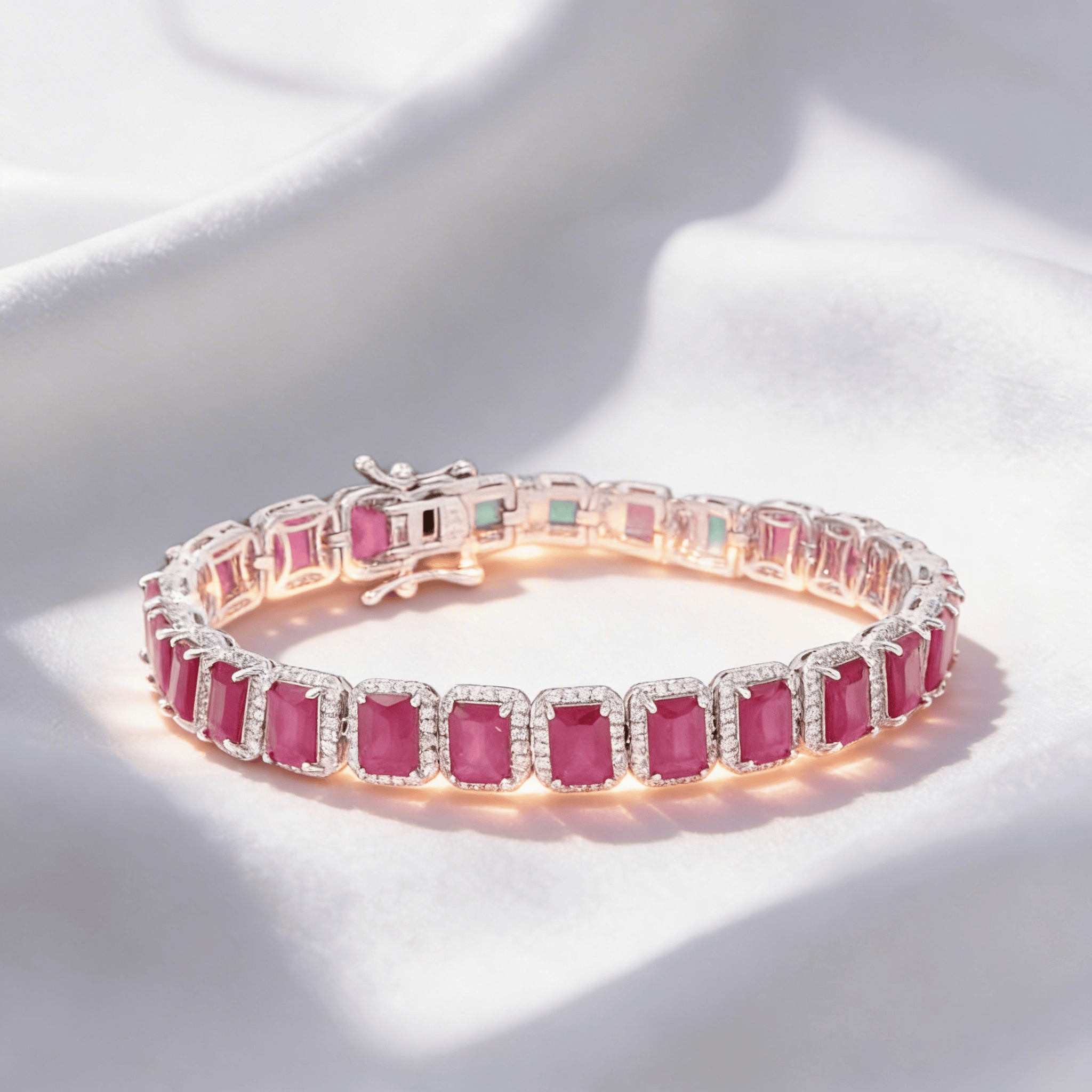 Mataari Bracelet Rose Quartz Openable Ruby Silver Plated Cubic Zirconia Tennis Bracelet