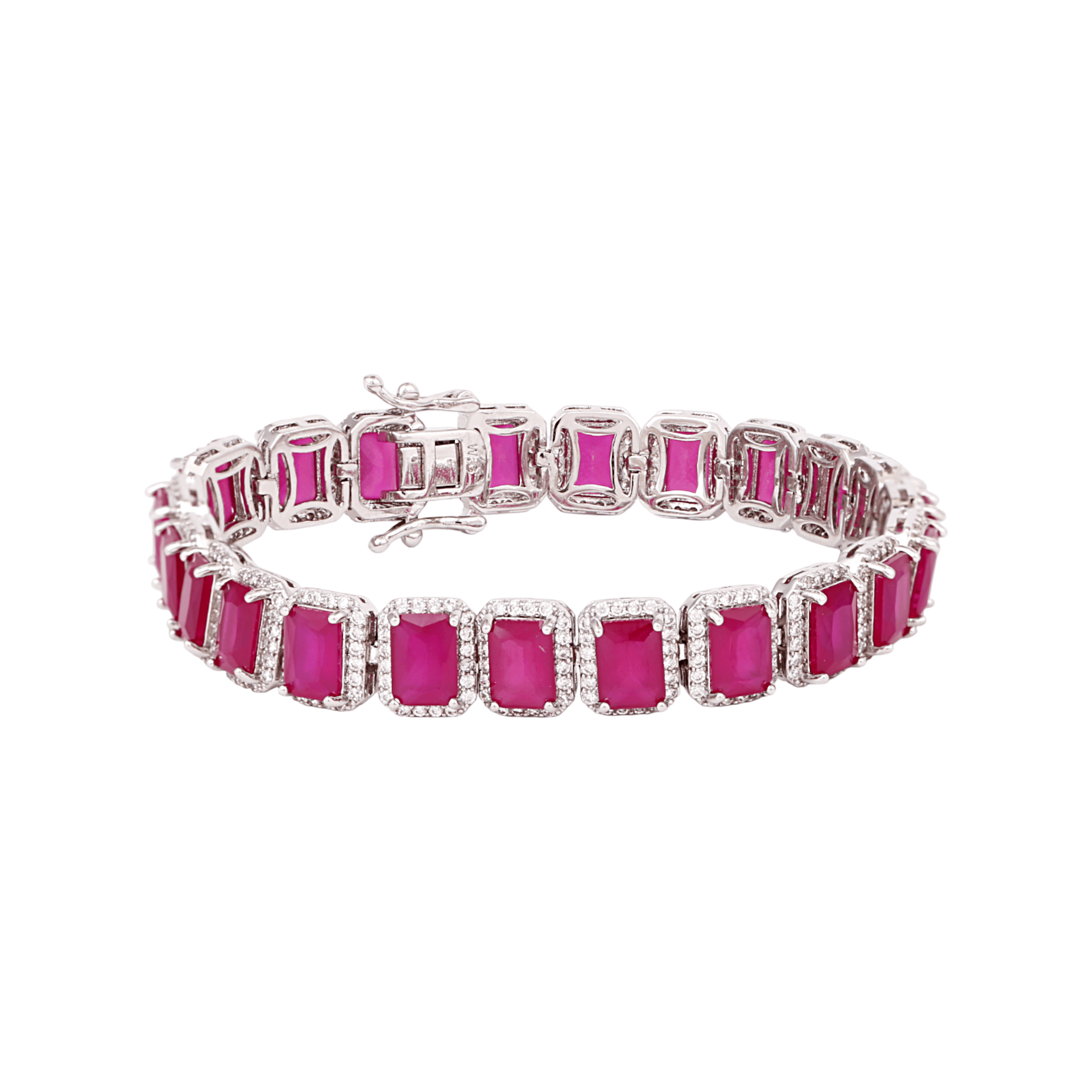 Mataari Bracelet Rose Quartz Openable Ruby Silver Plated Cubic Zirconia Tennis Bracelet