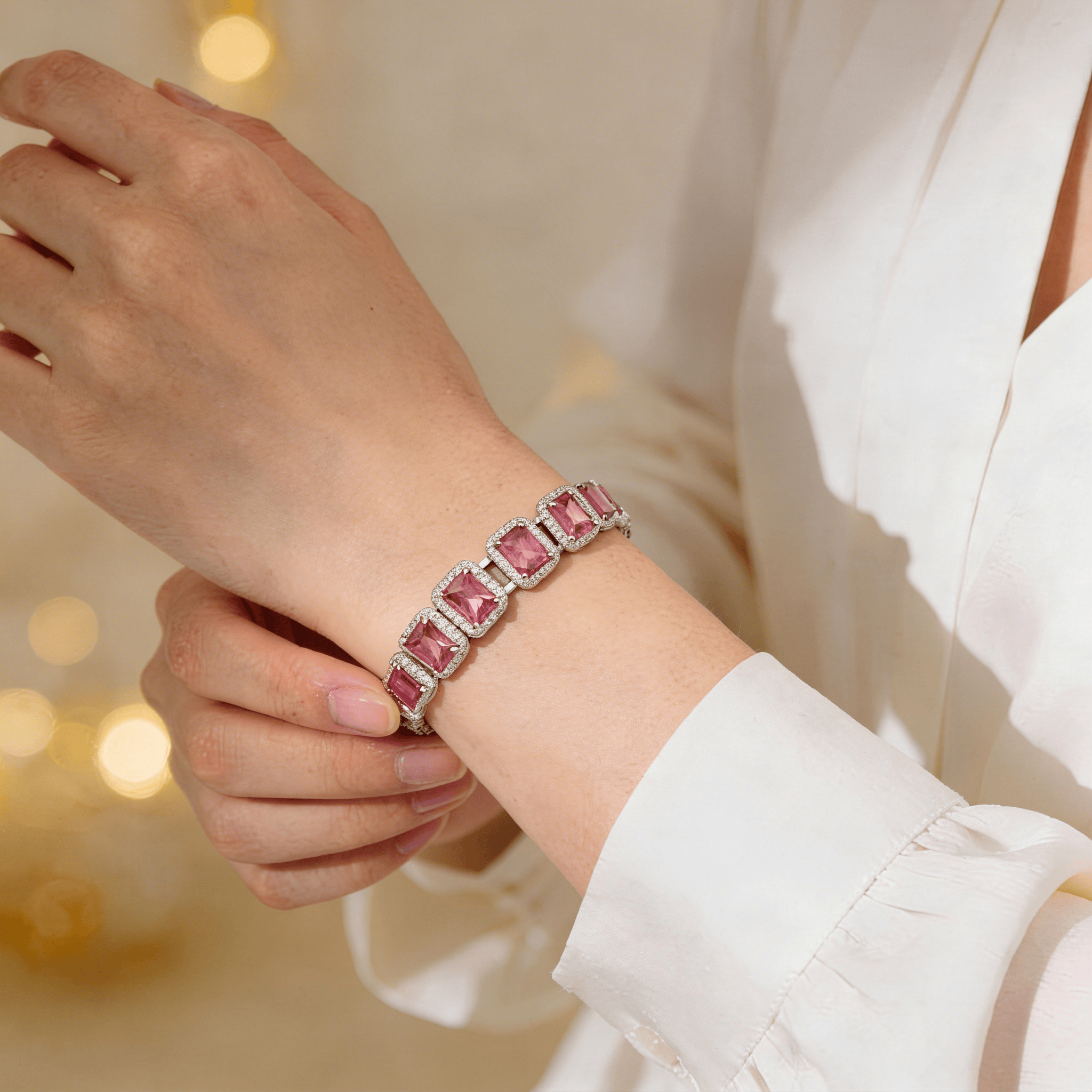 Mataari Bracelet Rose Quartz Openable Ruby Silver Plated Cubic Zirconia Tennis Bracelet