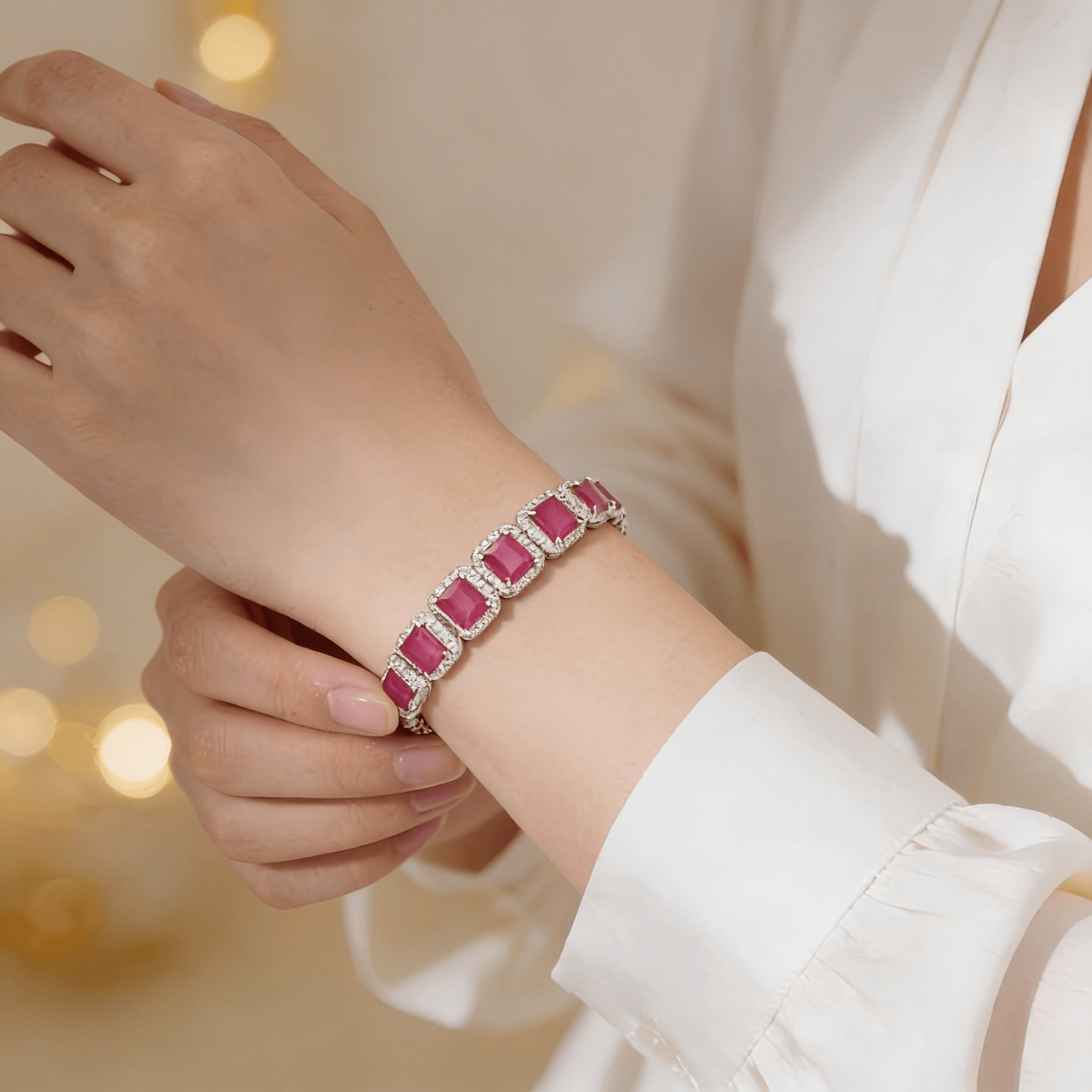 Mataari Bracelet Rose Quartz Openable Ruby Silver Plated Cubic Zirconia Tennis Bracelet
