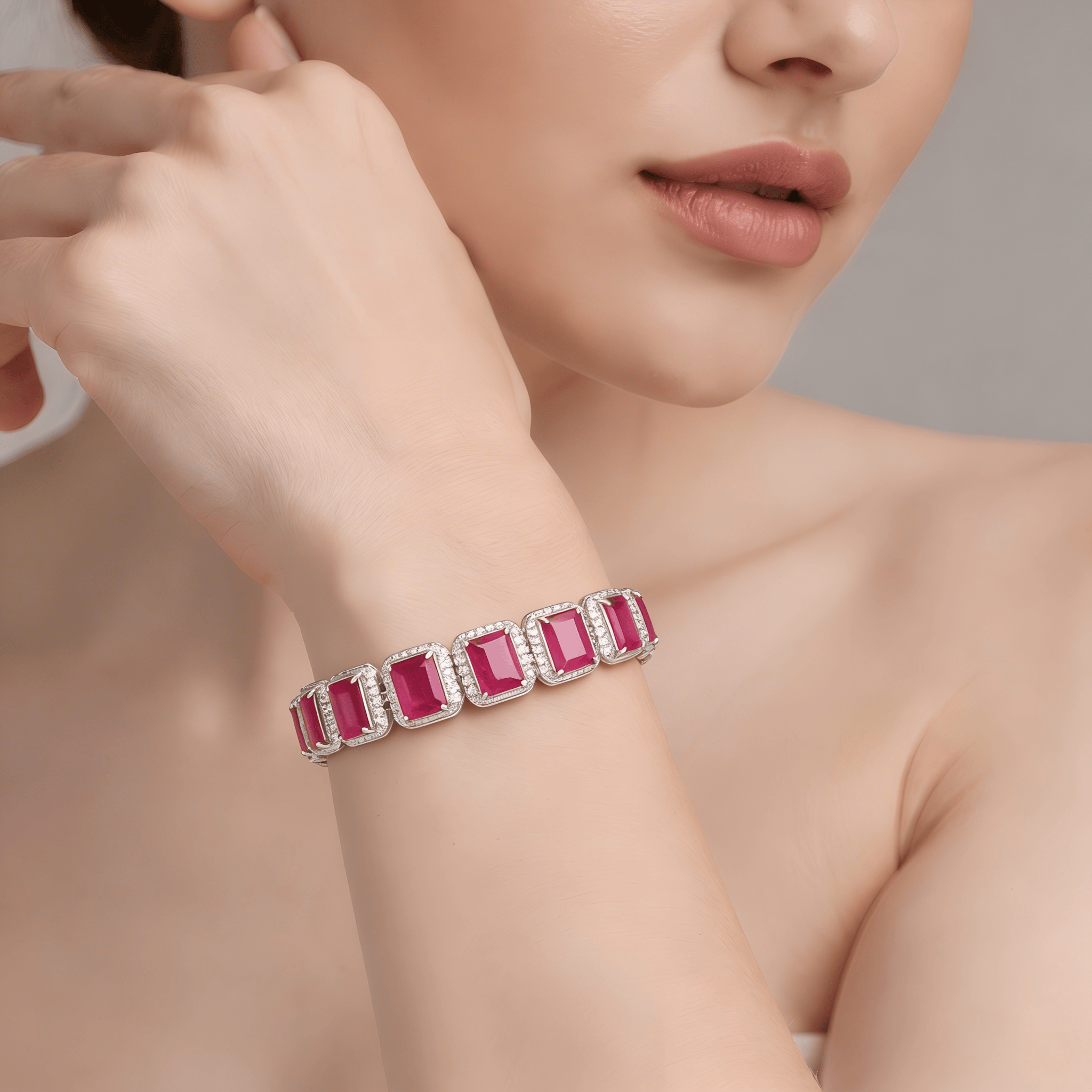 Mataari Bracelet Rose Quartz Openable Ruby Silver Plated Cubic Zirconia Tennis Bracelet