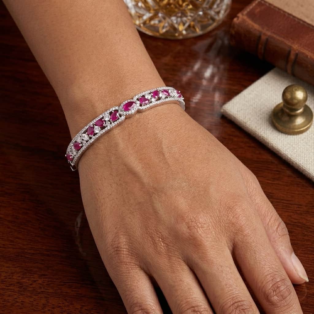 Mataari Bracelet Silver Moissanite Crystal Birthstone Bracelet Femme with Ruby, Emerald & Rose Quartz Accents