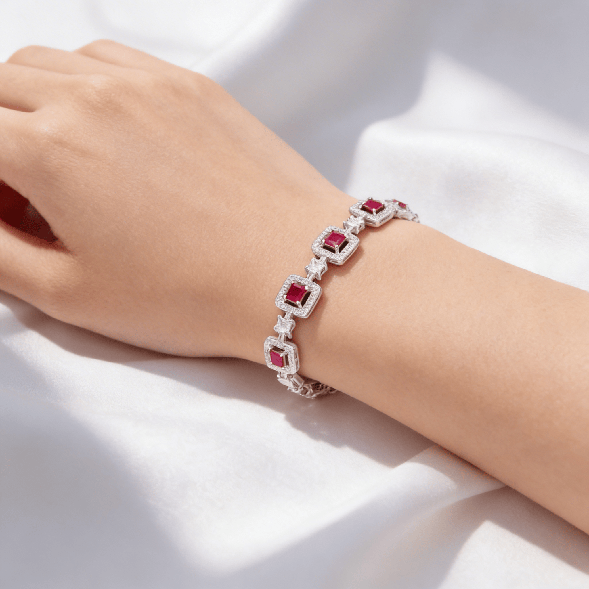 Mataari Bracelet Ruby Silver Plated Baguette Cubic Zirconia Wedding Bracelet