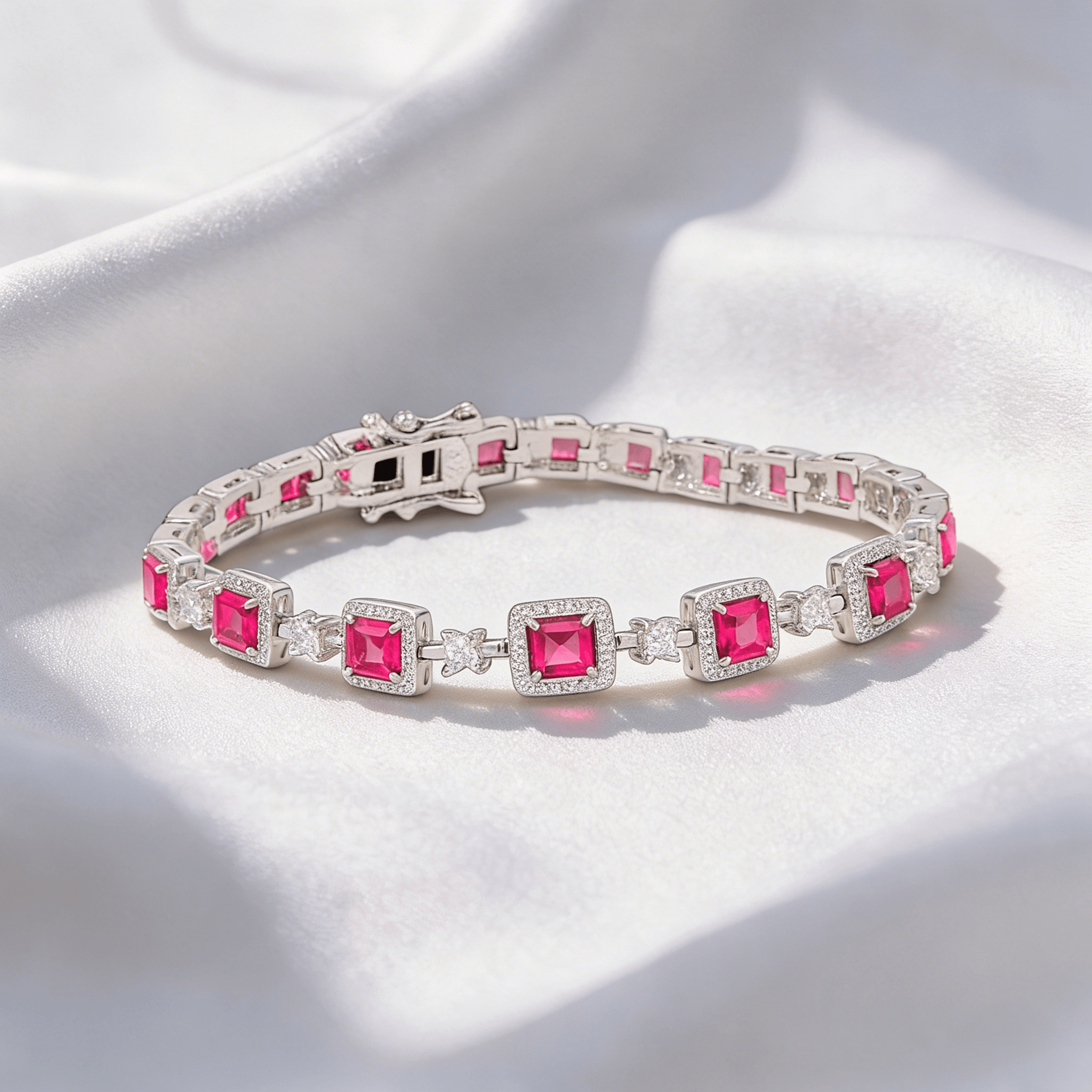 Mataari Bracelet Ruby Silver Plated Baguette Cubic Zirconia Wedding Bracelet