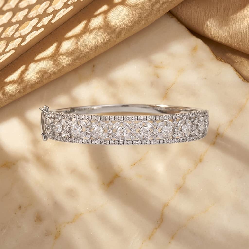 Mataari Bracelet Silver Birthstone Moissanite Crystal Openable Kada Bracelet for Women