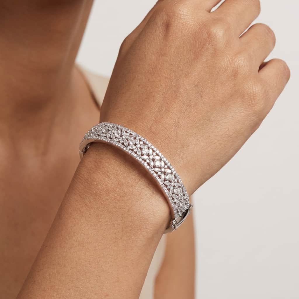 Mataari Bracelet Silver Birthstone Moissanite Crystal Openable Kada Bracelet for Women