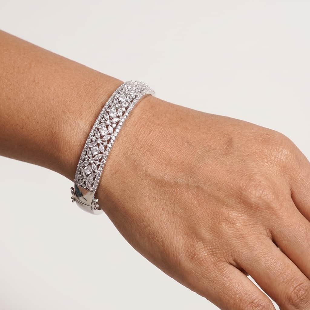 Mataari Bracelet Silver Birthstone Moissanite Crystal Openable Kada Bracelet for Women