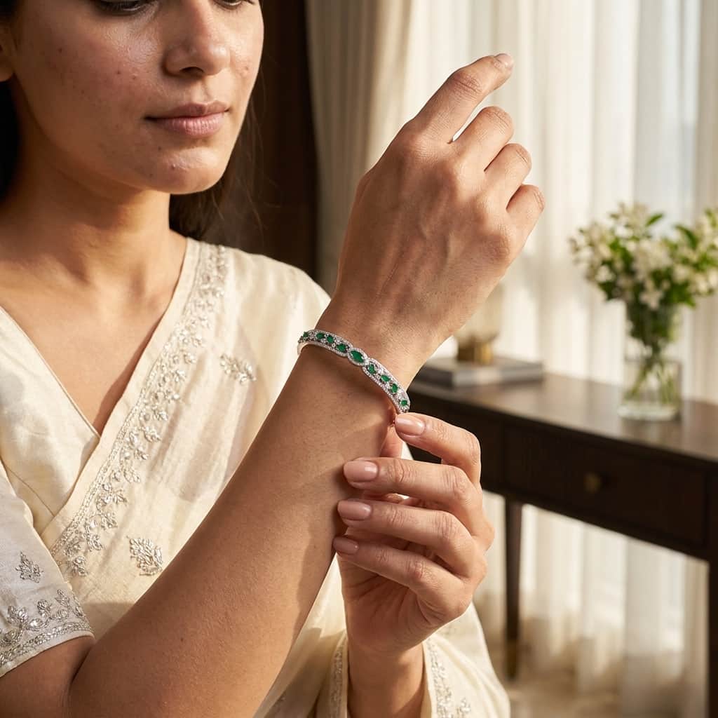 Mataari Bracelet Silver Moissanite Crystal Birthstone Bracelet Femme with Ruby, Emerald & Rose Quartz Accents