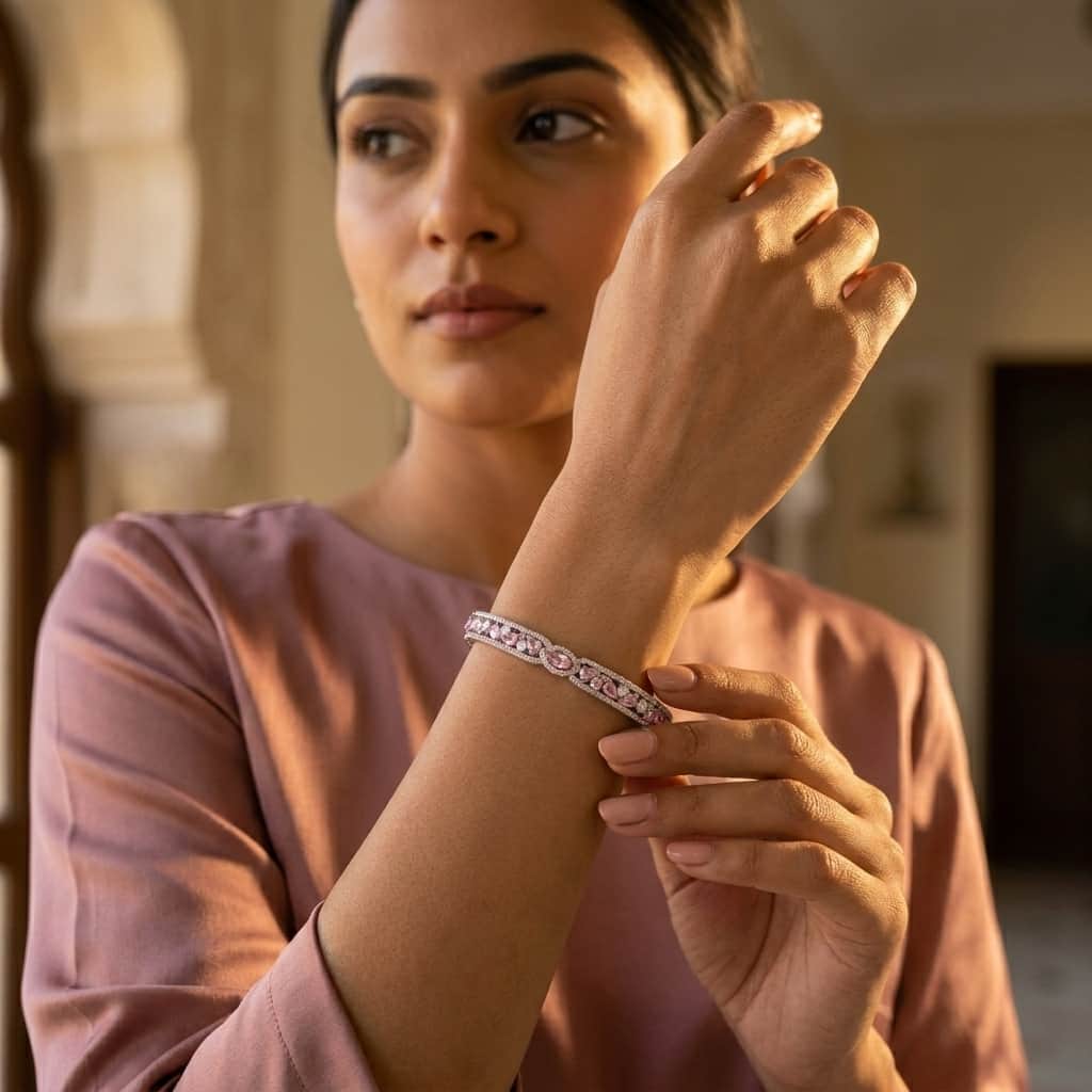 Mataari Bracelet Silver Moissanite Crystal Birthstone Bracelet Femme with Ruby, Emerald & Rose Quartz Accents
