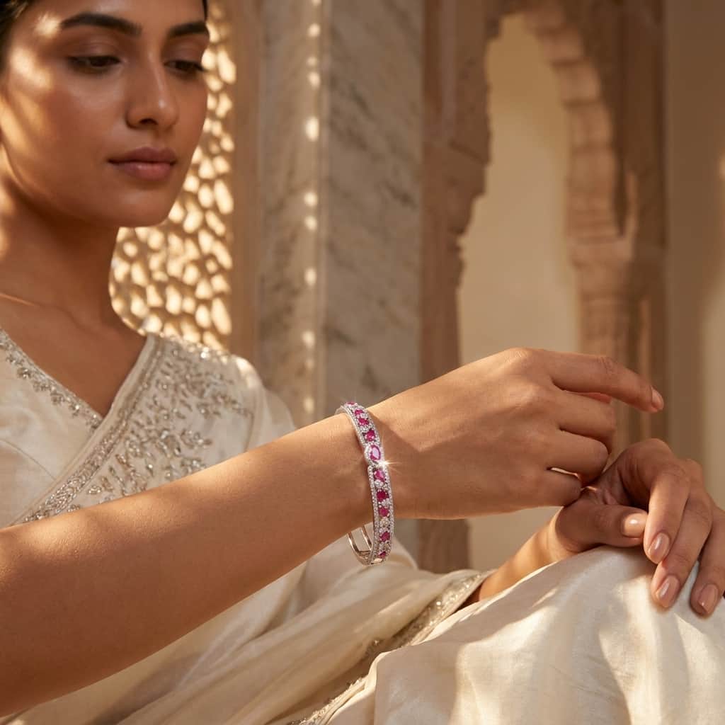 Mataari Bracelet Silver Moissanite Crystal Birthstone Bracelet Femme with Ruby, Emerald & Rose Quartz Accents