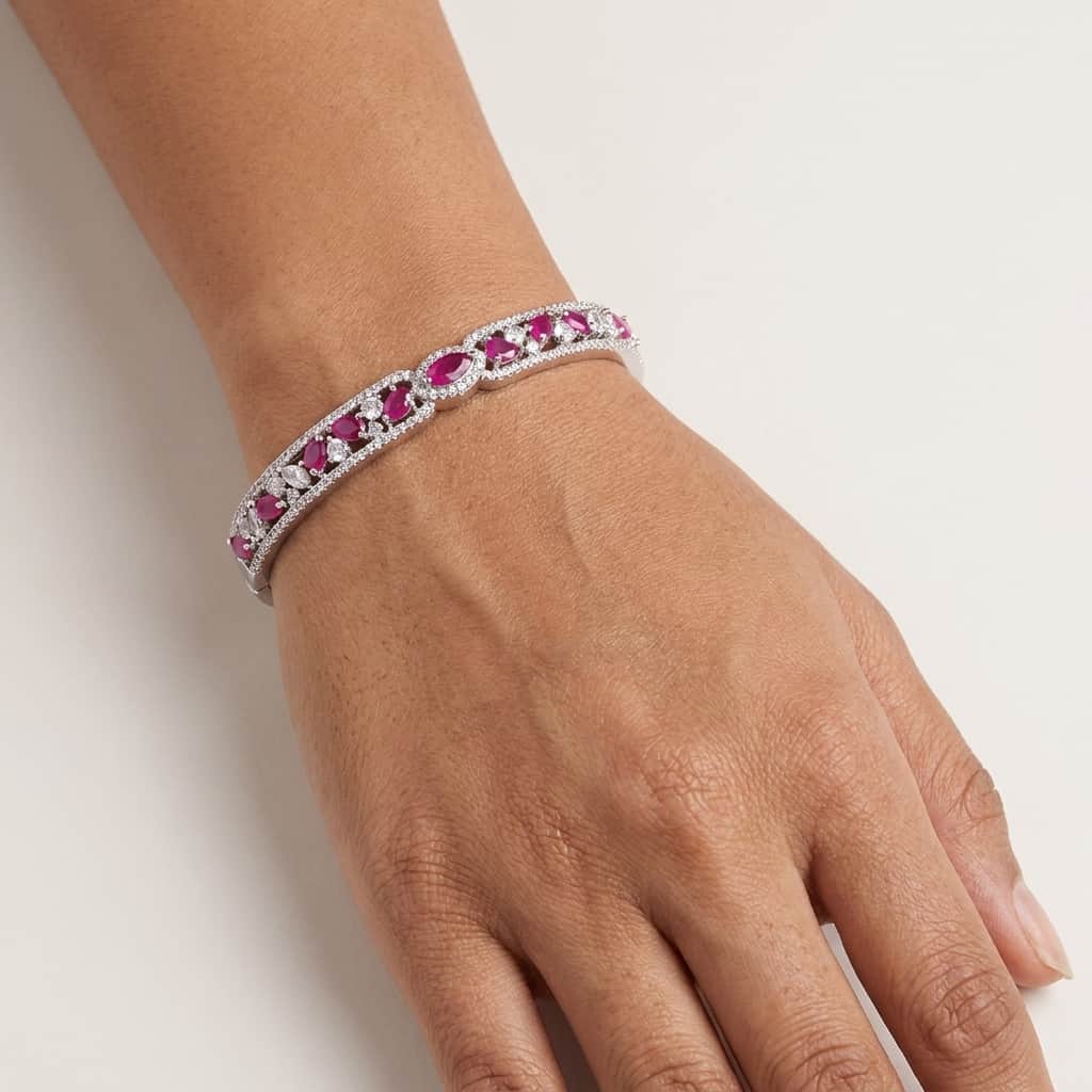 Mataari Bracelet Silver Moissanite Crystal Birthstone Bracelet Femme with Ruby, Emerald & Rose Quartz Accents
