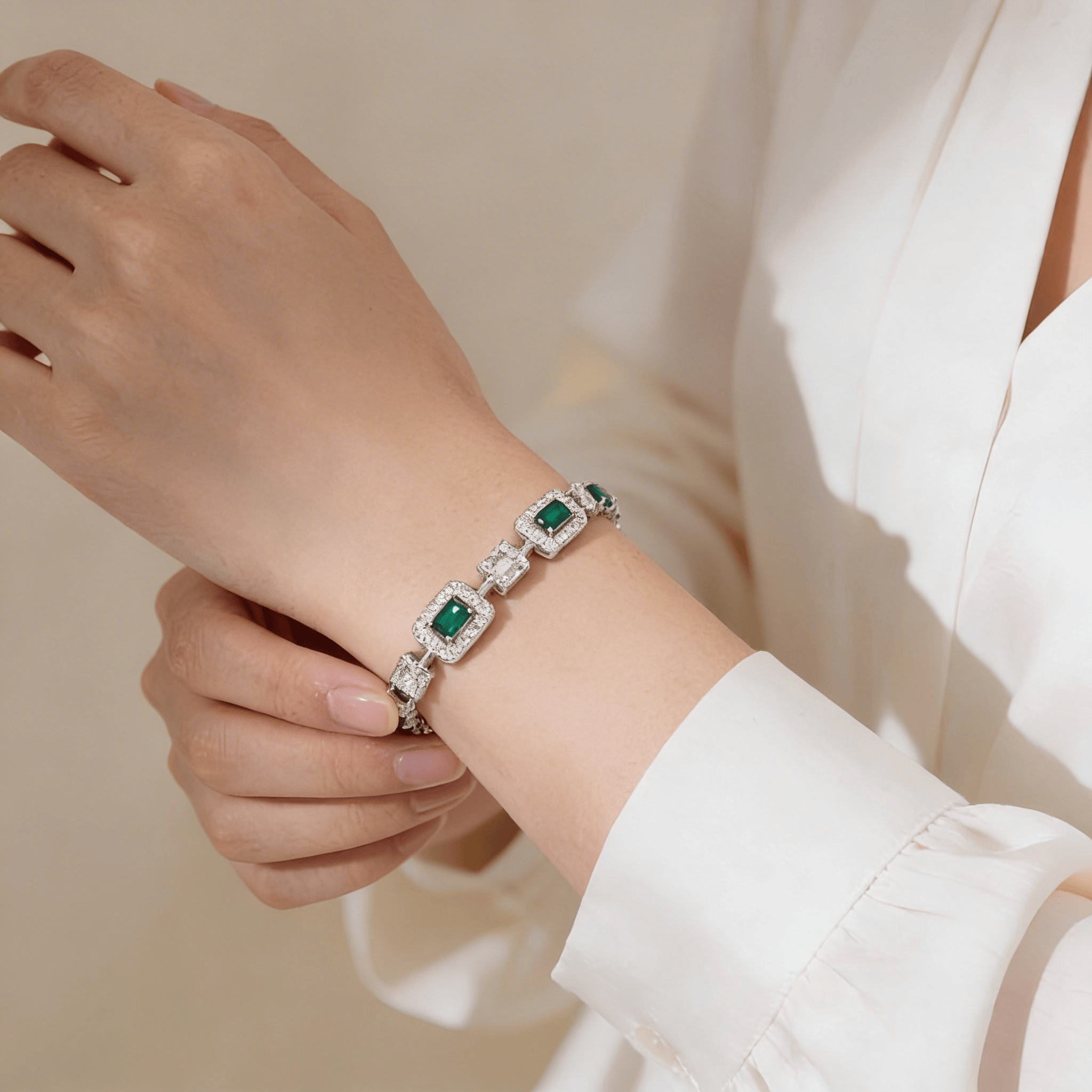 Mataari Bracelet Silver Plated Baguette Cubic Zirconia Wedding Emerald Bracelet