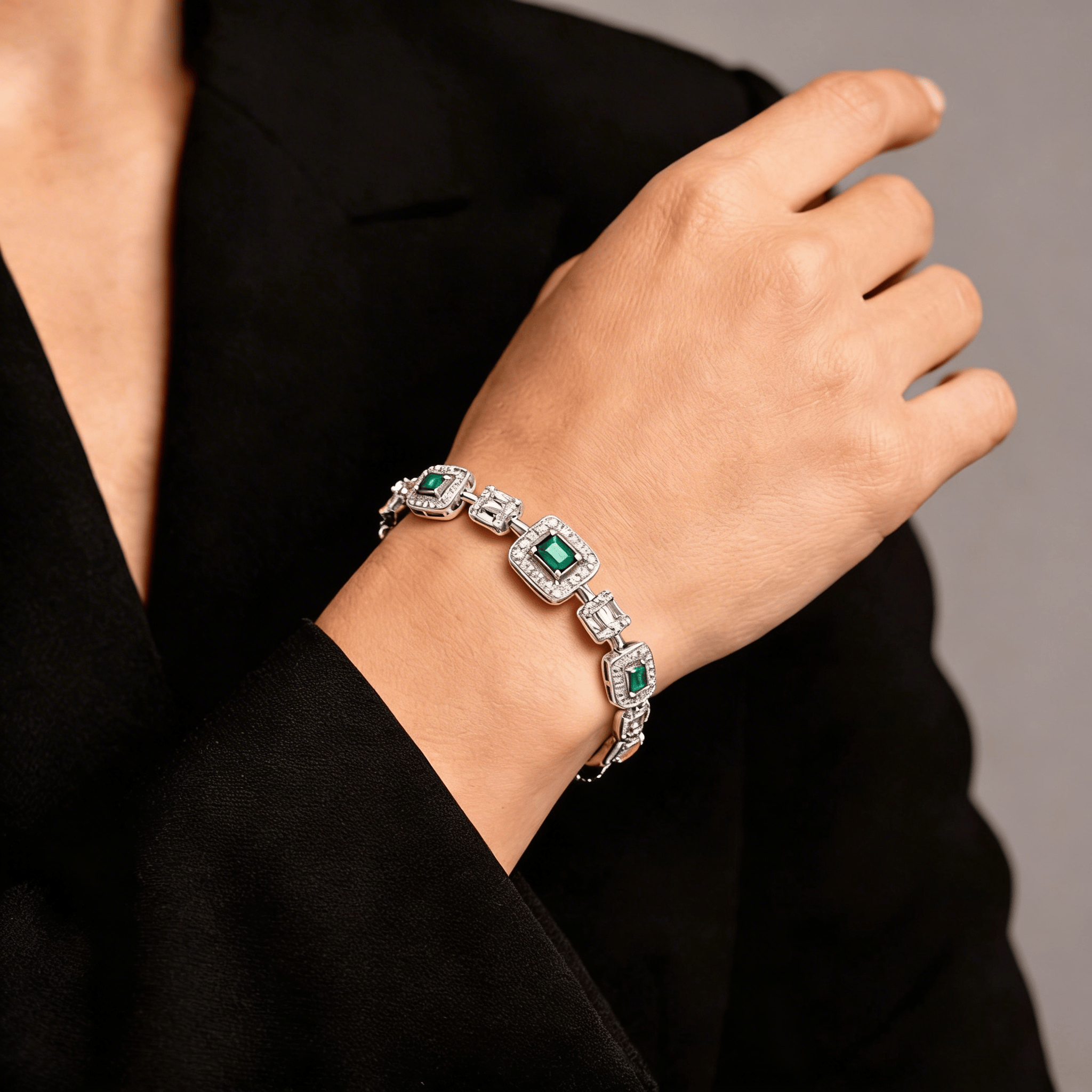 Mataari Bracelet Silver Plated Baguette Cubic Zirconia Wedding Emerald Bracelet