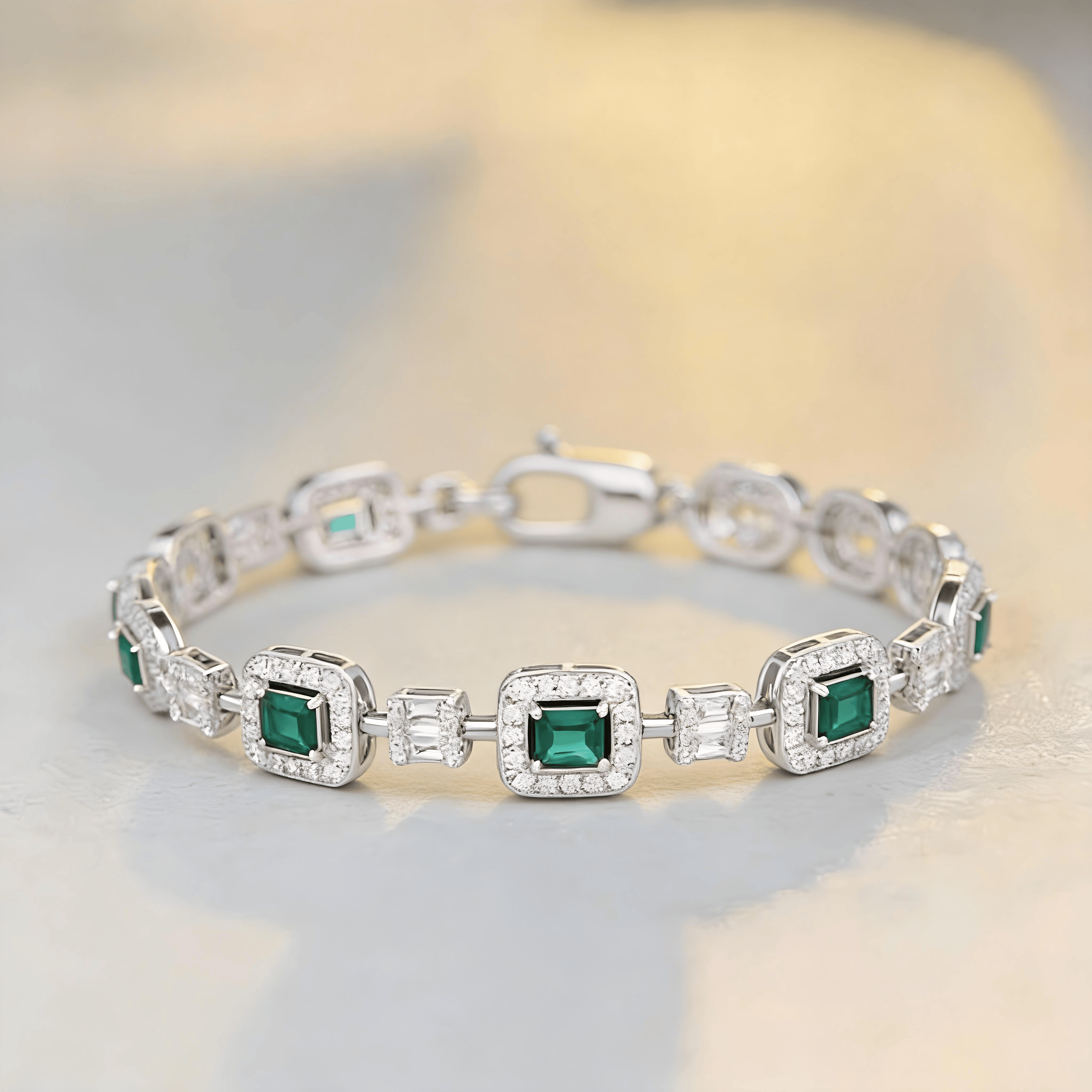 Mataari Bracelet Silver Plated Baguette Cubic Zirconia Wedding Emerald Bracelet