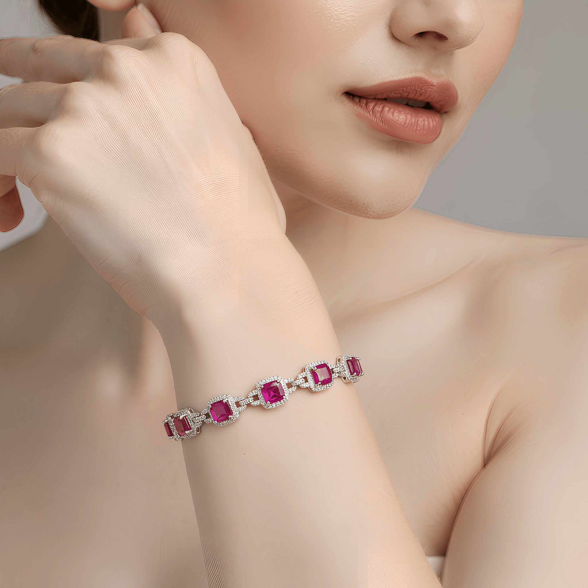 Mataari Bracelet Silver Plated Cubic Zirconia Link Openable Ruby Bracelet