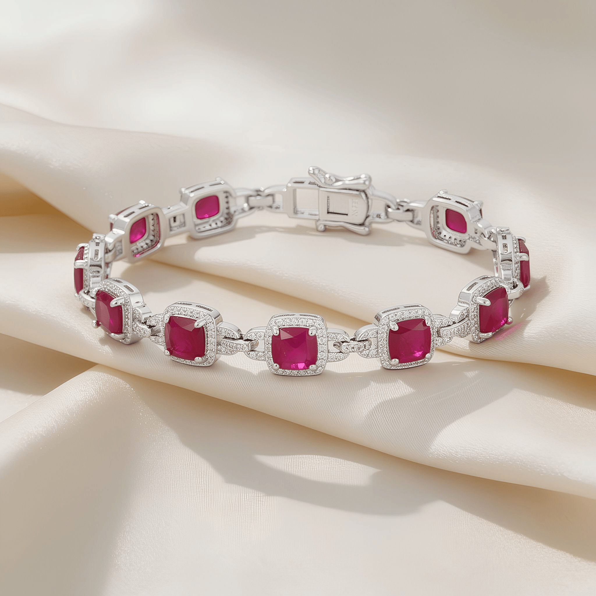 Mataari Bracelet Silver Plated Cubic Zirconia Link Openable Ruby Bracelet