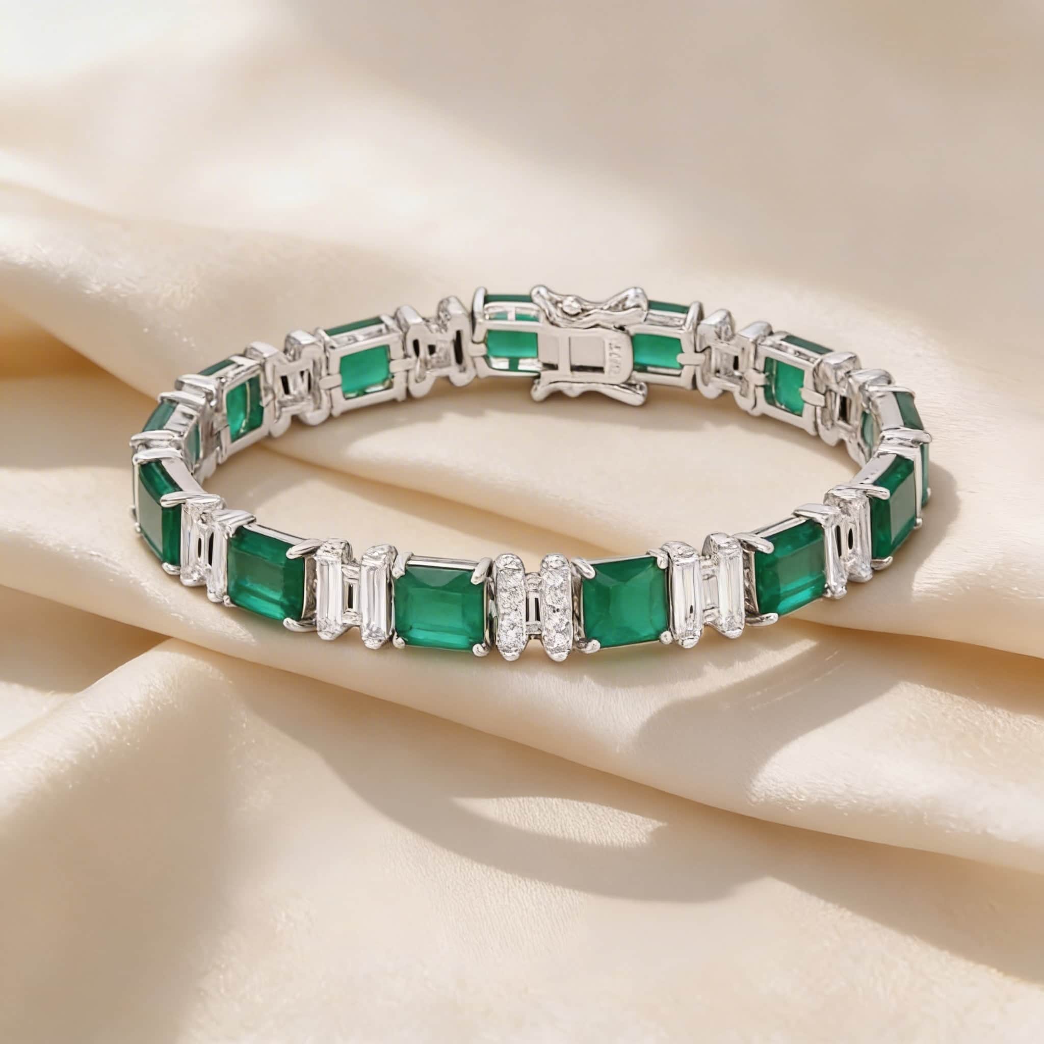 Mataari Bracelet Silver Plated Emerald Cut Cubic Zirconia Openable Tennis Bracelet