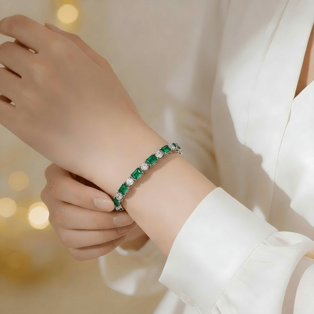 Mataari Bracelet Silver Plated Emerald Cut Openable Tennis Cubic Zirconia Bracelet