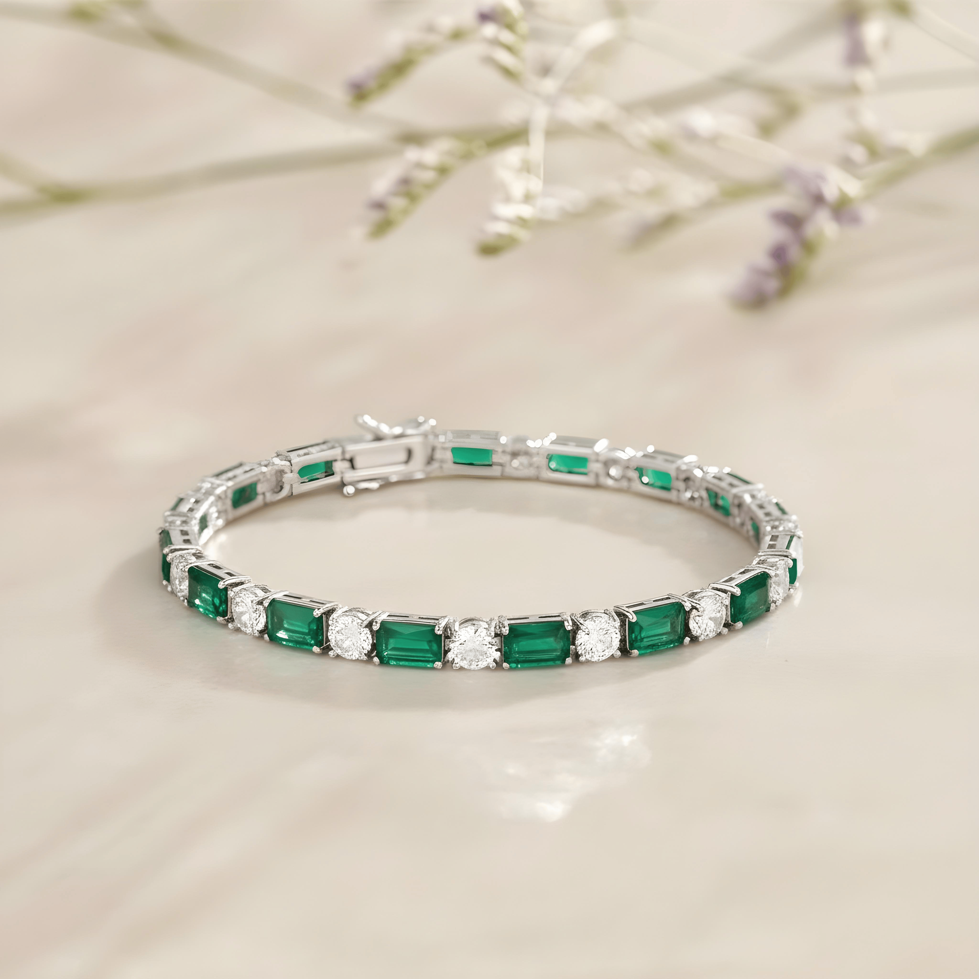 Mataari Bracelet Silver Plated Emerald Cut Openable Tennis Cubic Zirconia Bracelet