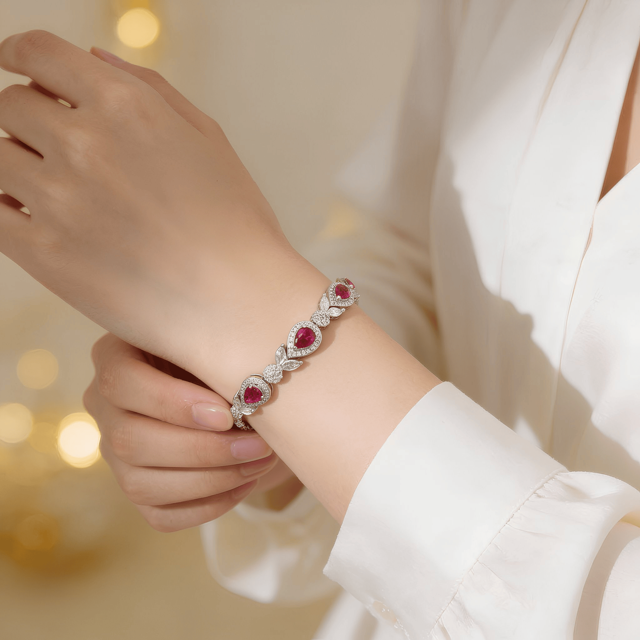 Mataari Bracelet Silver Plated Ruby Pear Cubic Zirconia Floral Emerald Bracelet