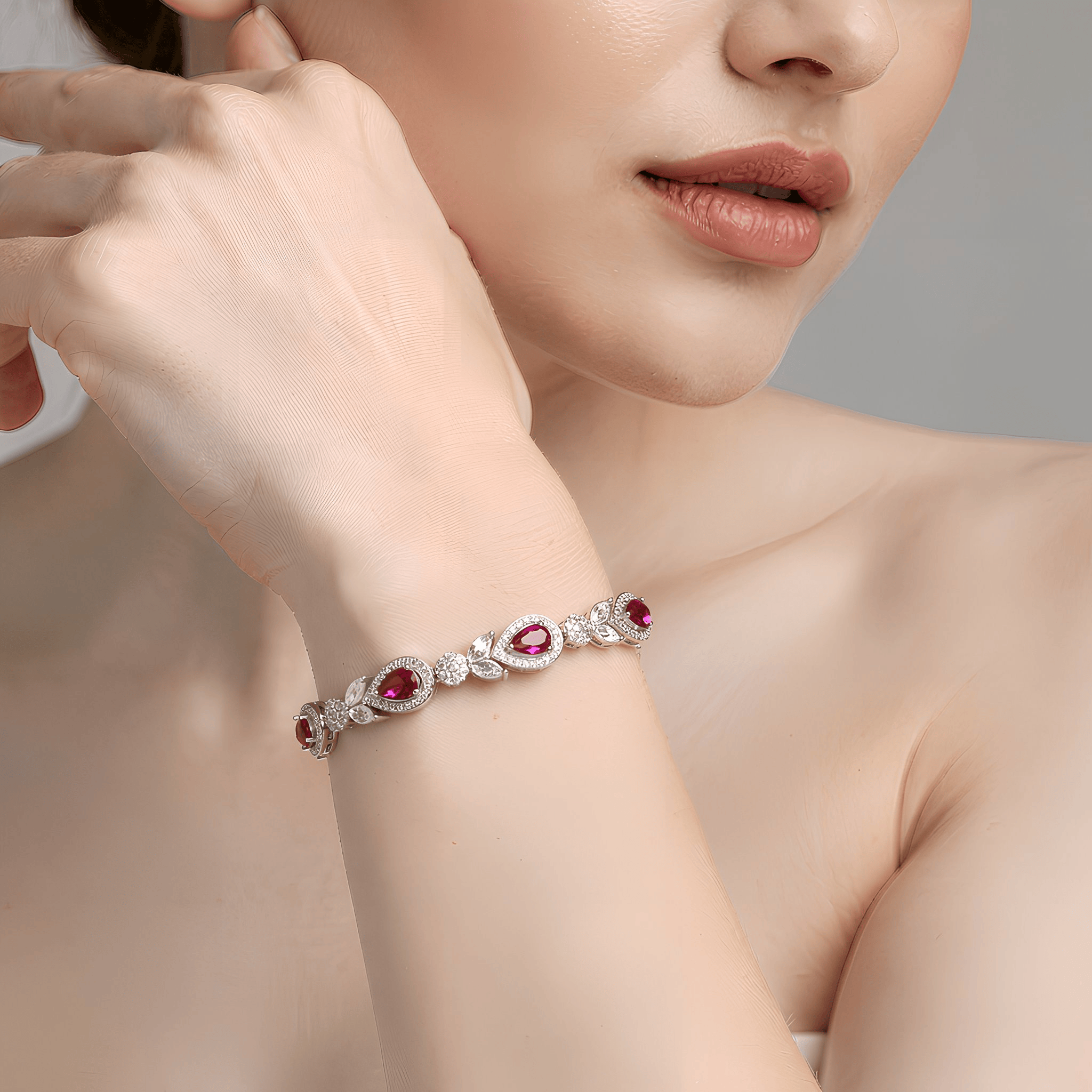 Mataari Bracelet Silver Plated Ruby Pear Cubic Zirconia Floral Emerald Bracelet