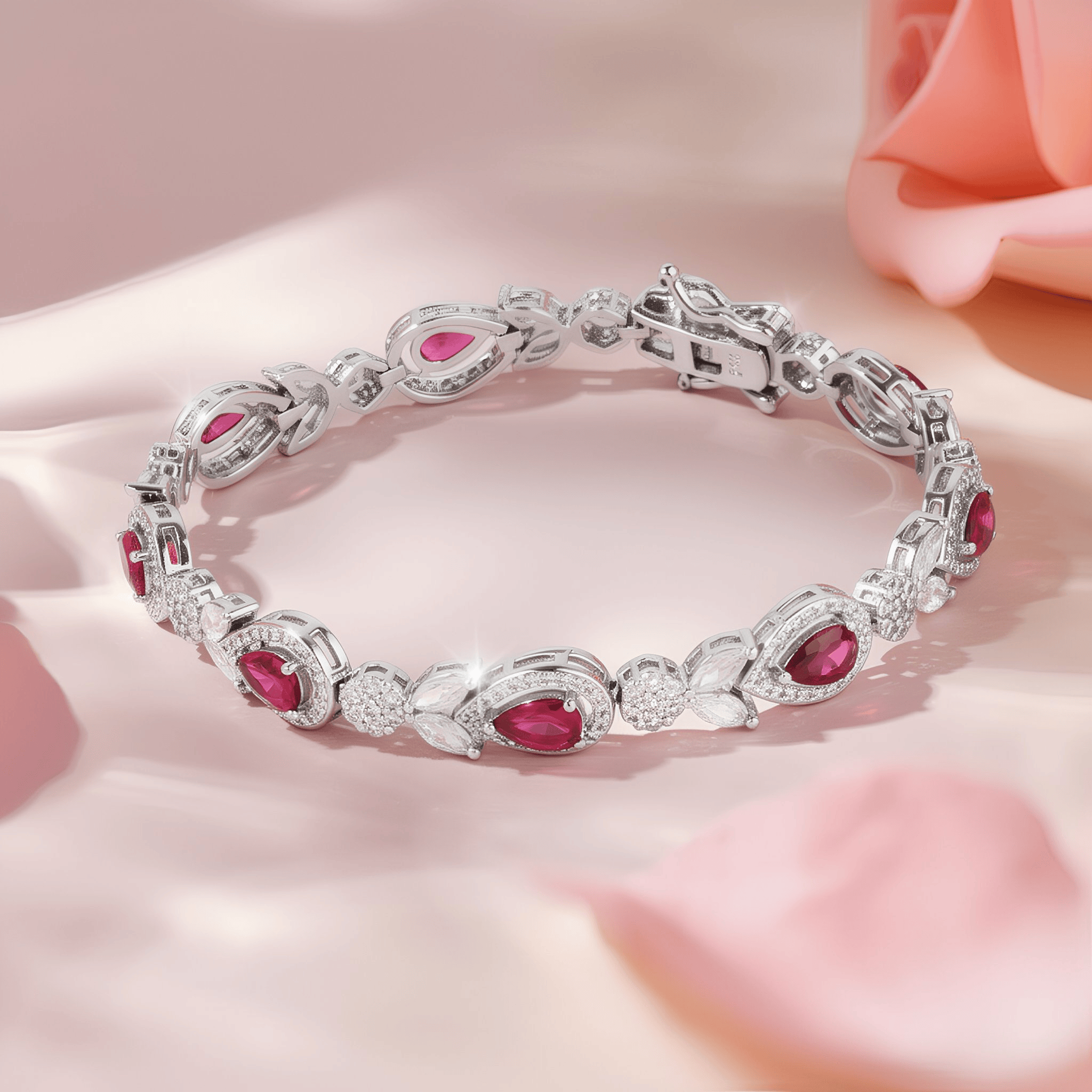 Mataari Bracelet Silver Plated Ruby Pear Cubic Zirconia Floral Emerald Bracelet