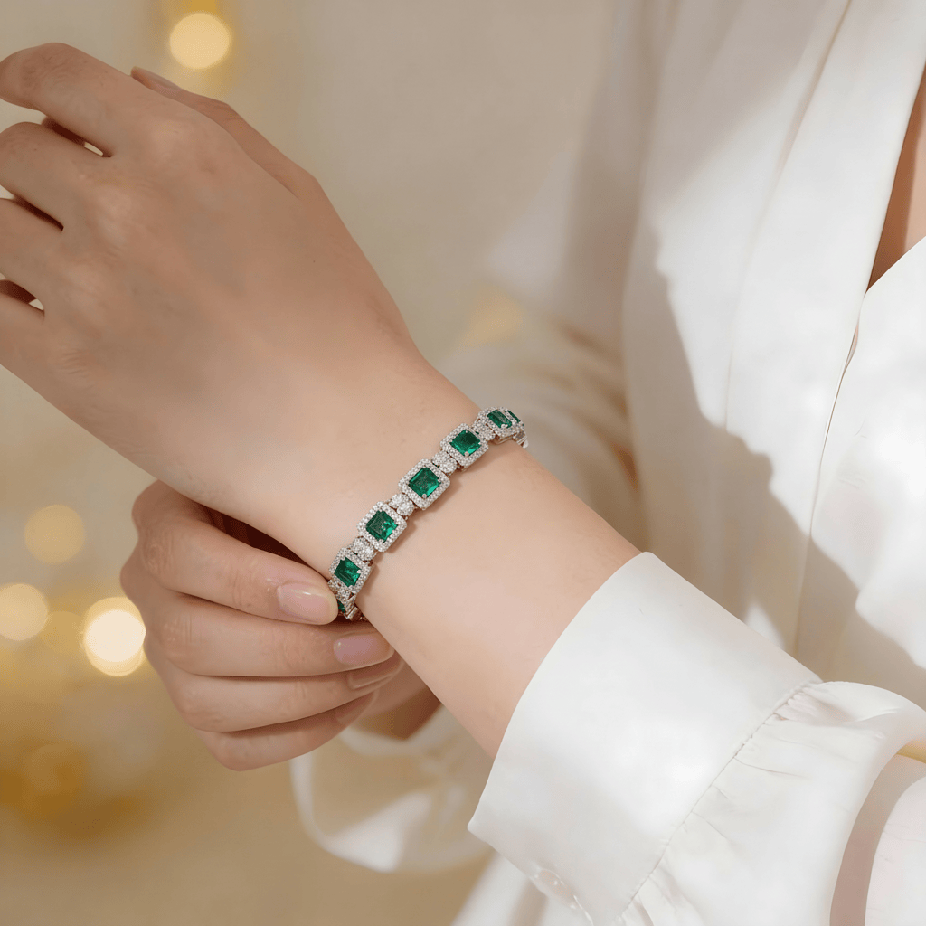 Mataari Bracelet Square Emerald Cut Cubic Zirconia Silver Plated Tennis Bracelet