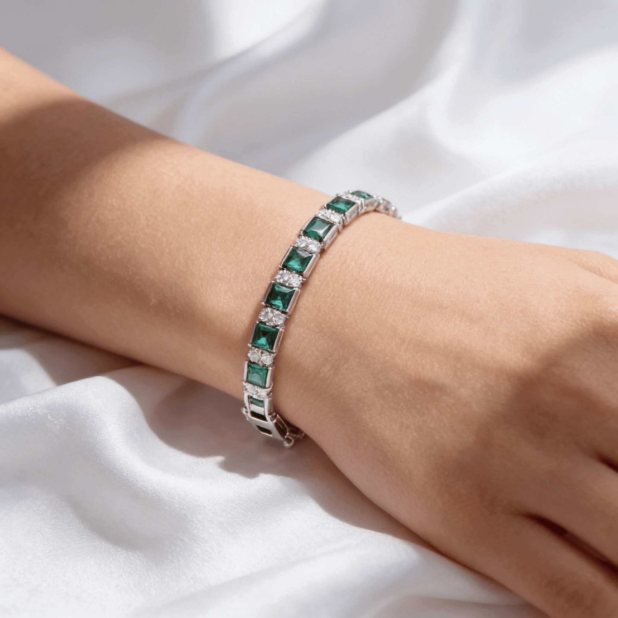 Mataari Bracelet Square Emerald Cut Cubic Zirconia Silver Plated Tennis Bracelet