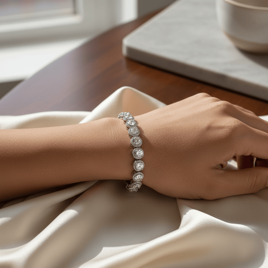 Mataari Bracelet Sterling Silver Emerald Cut Cubic Zirconia Tennis Sliding Bracelet Knot