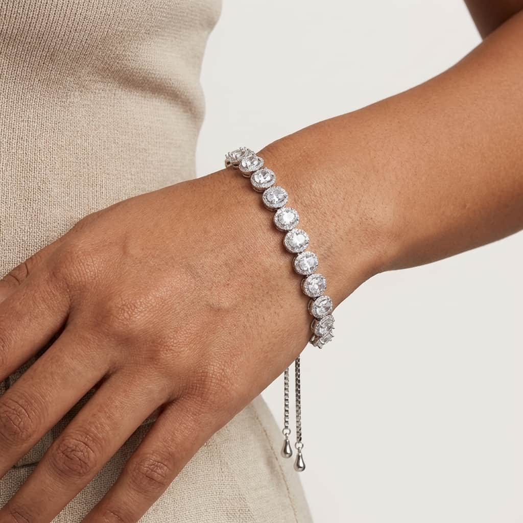 Mataari Bracelet Sterling Silver Emerald Cut Cubic Zirconia Tennis Sliding Bracelet Knot