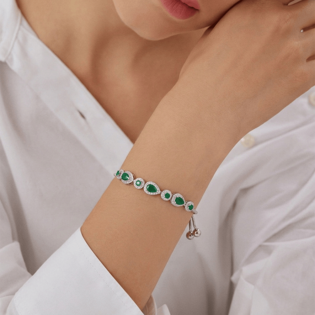 Mataari Bracelet Sterling Silver Emerald Slider Cubic Zirconia Adjustable Bracelet