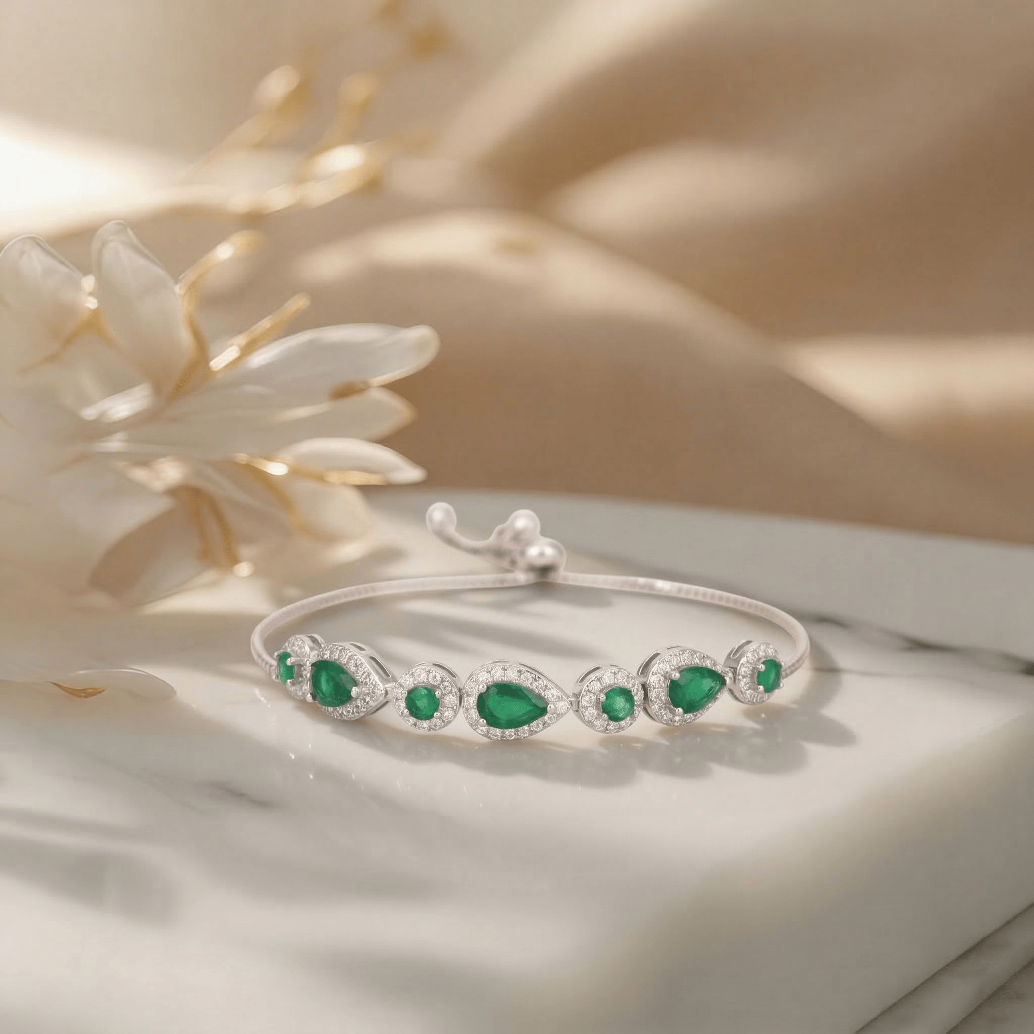 Mataari Bracelet Sterling Silver Emerald Slider Cubic Zirconia Adjustable Bracelet