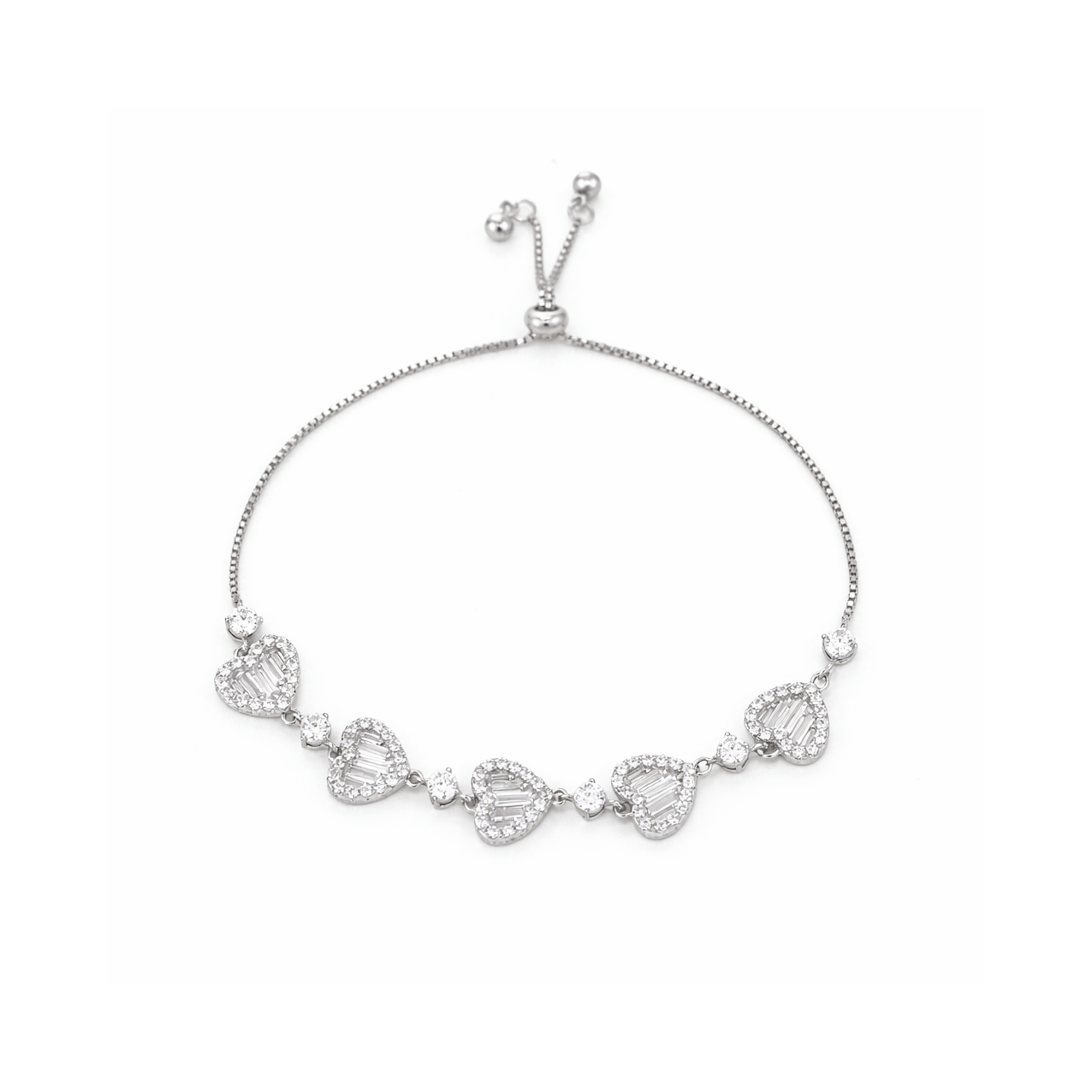 Mataari Bracelet Sterling Silver Heart Baguette Cubic Zirconia Sliding Bracelet Knot
