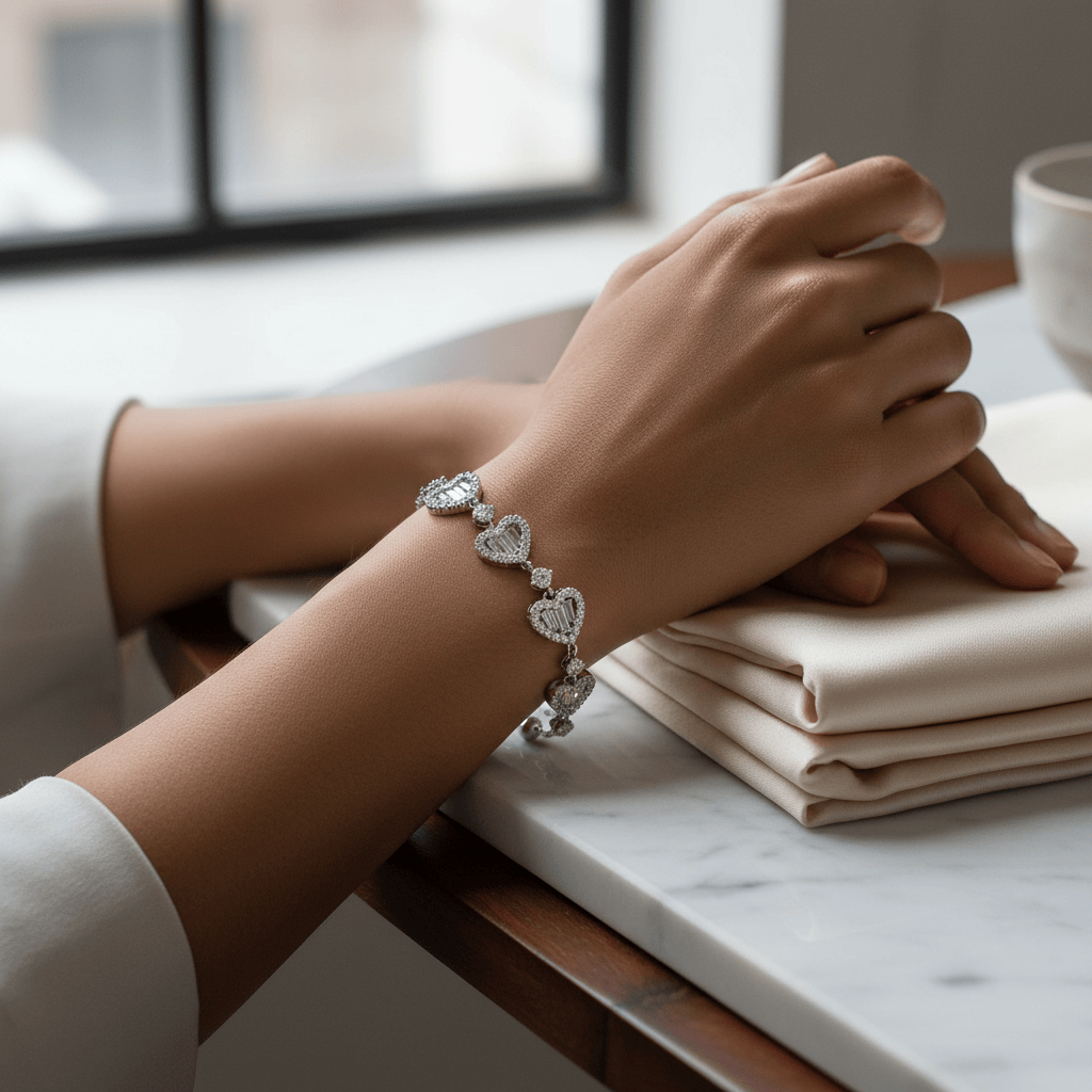 Mataari Bracelet Sterling Silver Heart Baguette Cubic Zirconia Sliding Bracelet Knot