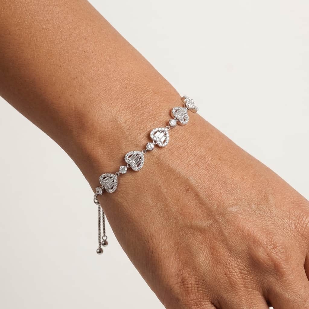 Mataari Bracelet Sterling Silver Heart Baguette Cubic Zirconia Sliding Bracelet Knot