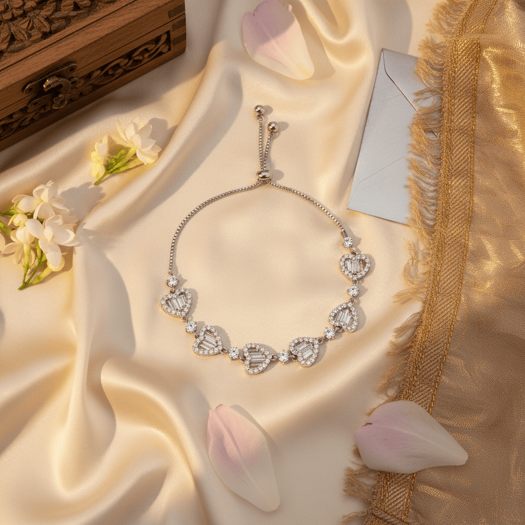 Mataari Bracelet Sterling Silver Heart Baguette Cubic Zirconia Sliding Bracelet Knot