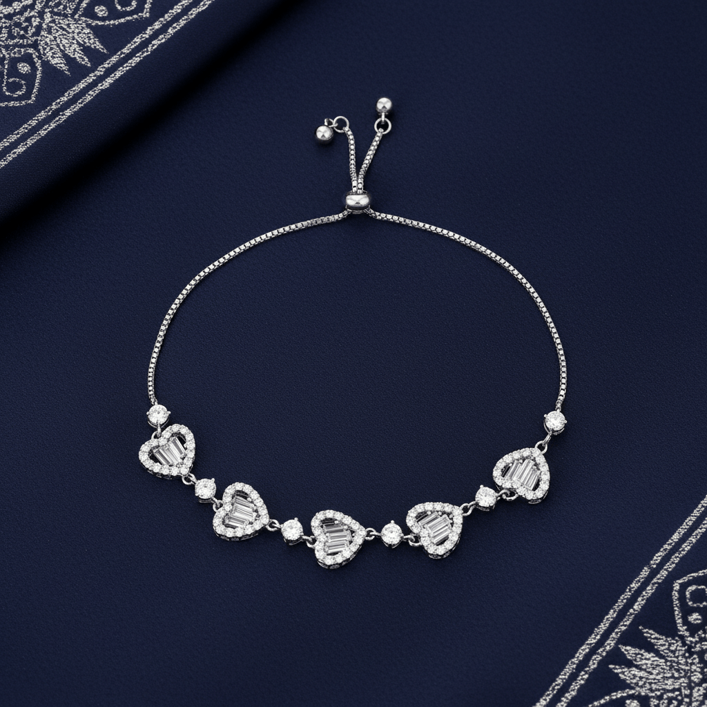 Mataari Bracelet Sterling Silver Heart Baguette Cubic Zirconia Sliding Bracelet Knot