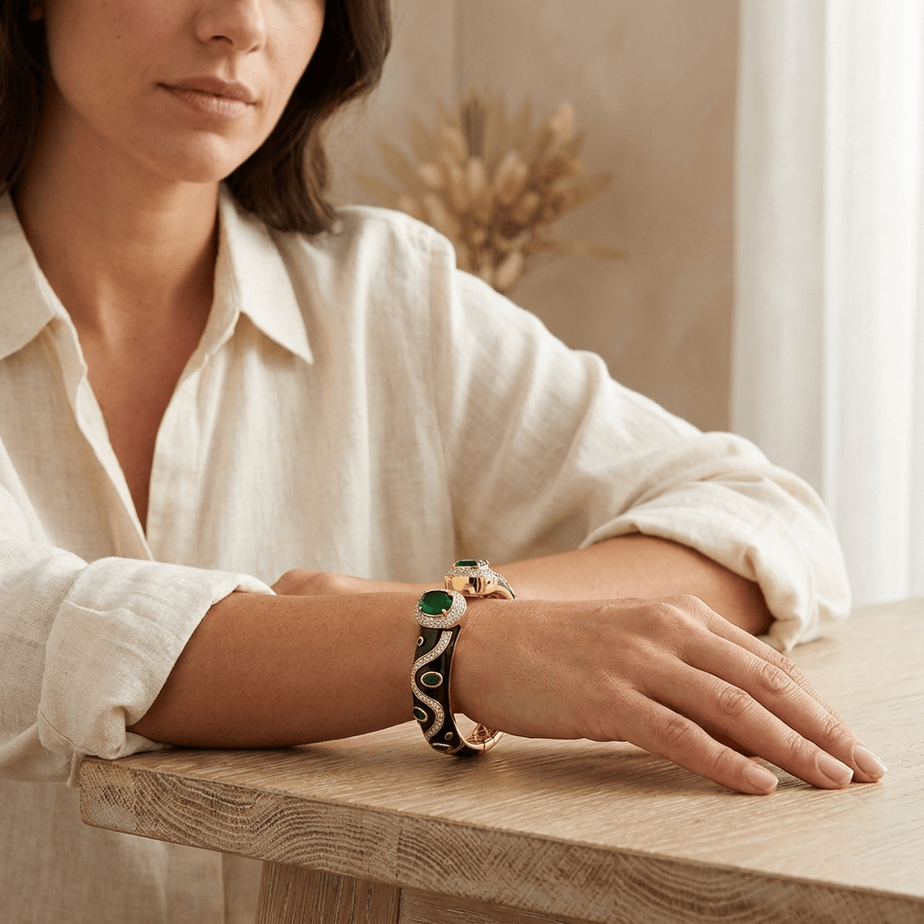 Mataari Bracelets Antique Gold Enamel Cubic Zirconia Openable Kada Bracelet