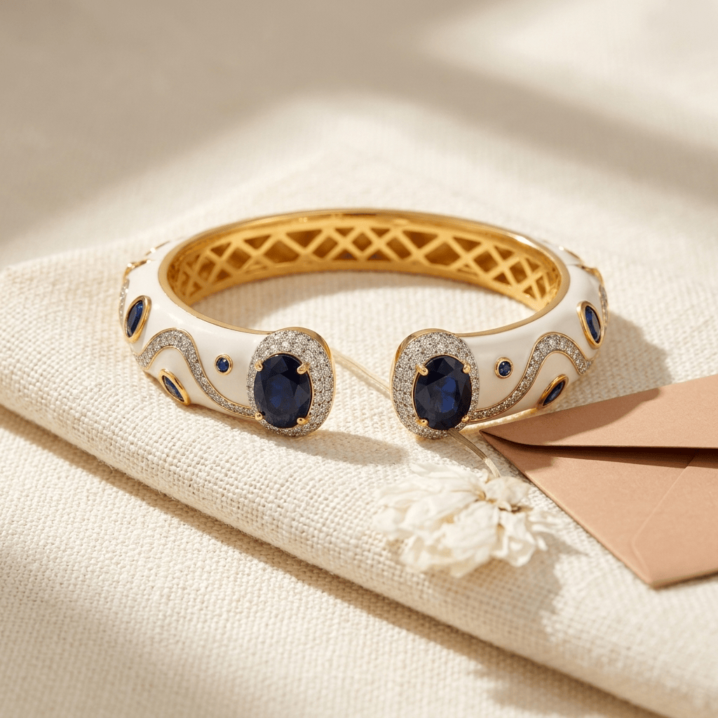 Mataari Bracelets Antique Gold Enamel Cubic Zirconia Openable Kada Bracelet