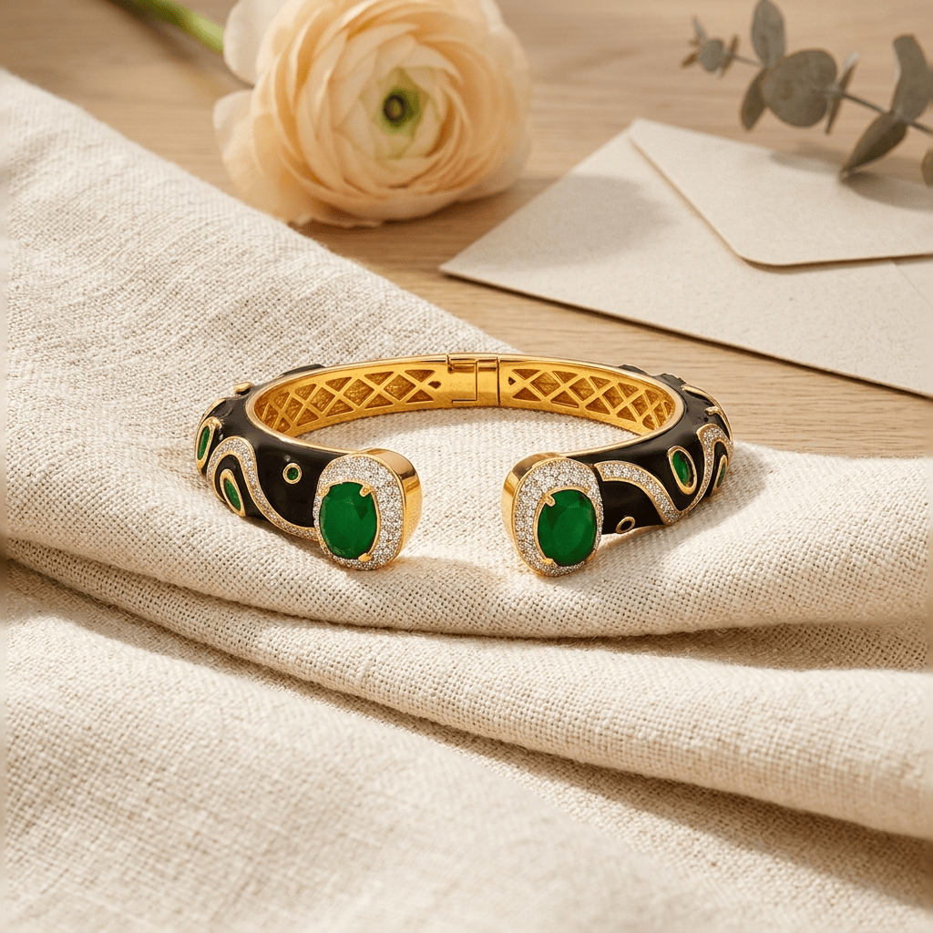 Mataari Bracelets Antique Gold Enamel Cubic Zirconia Openable Kada Bracelet