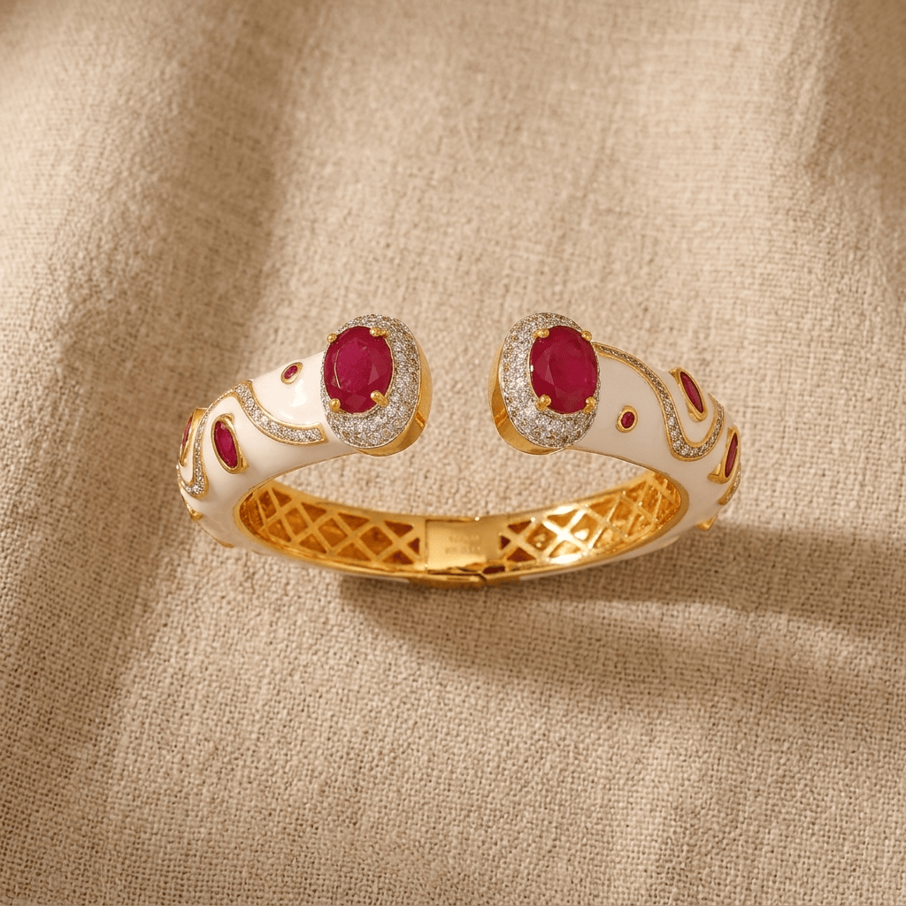 Mataari Bracelets Antique Gold Enamel Cubic Zirconia Openable Kada Bracelet