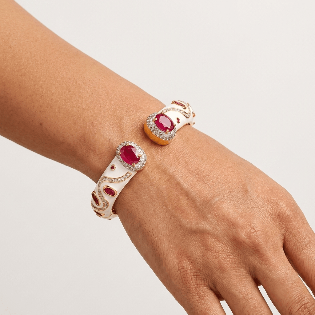Mataari Bracelets Antique Gold Enamel Cubic Zirconia Openable Kada Bracelet