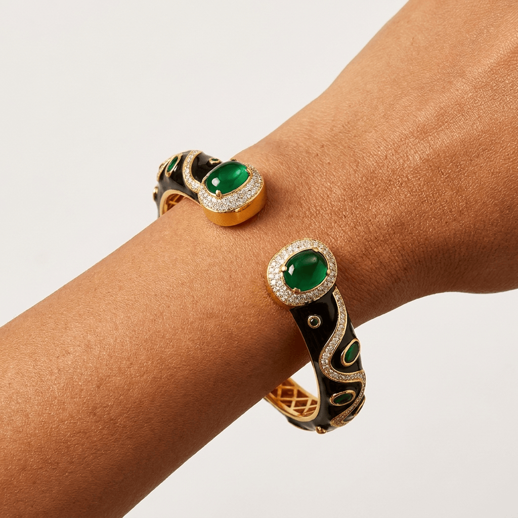 Mataari Bracelets Antique Gold Enamel Cubic Zirconia Openable Kada Bracelet