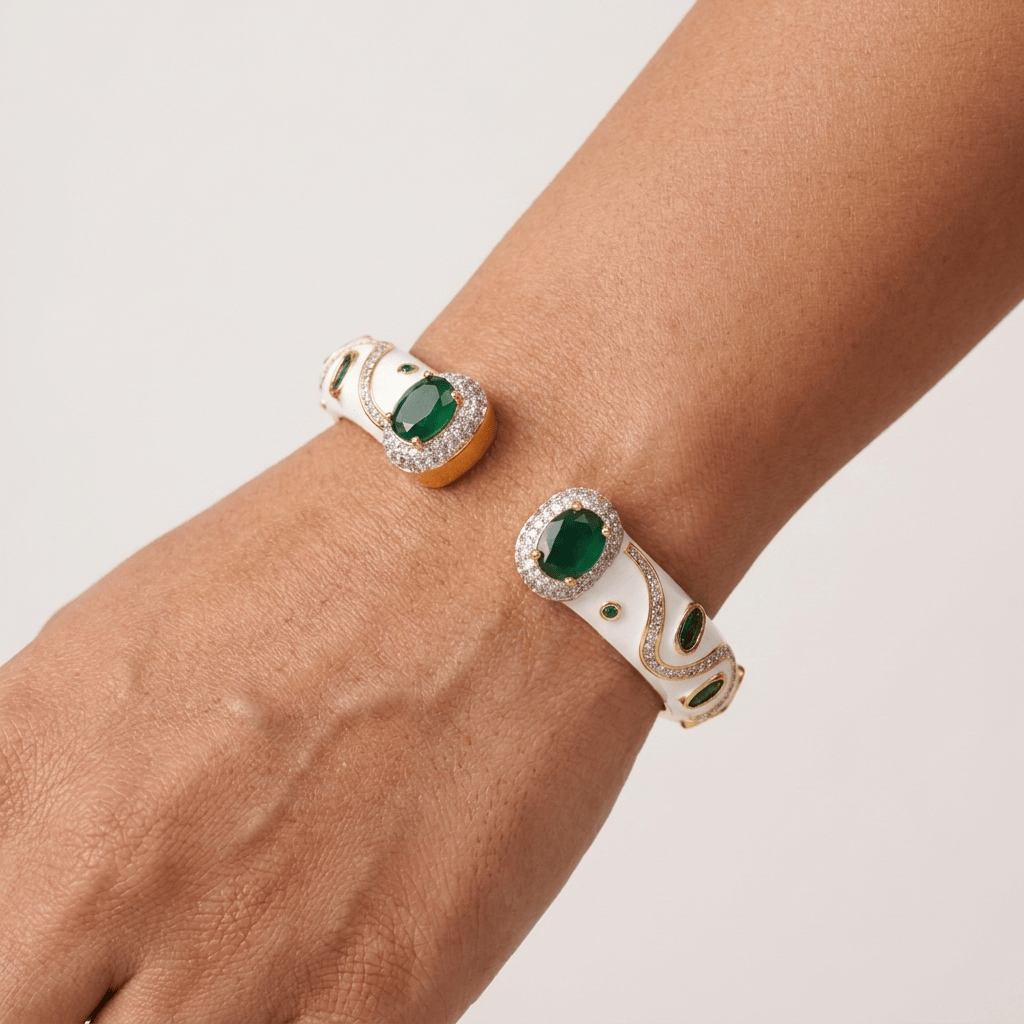 Mataari Bracelets Antique Gold Enamel Cubic Zirconia Openable Kada Bracelet
