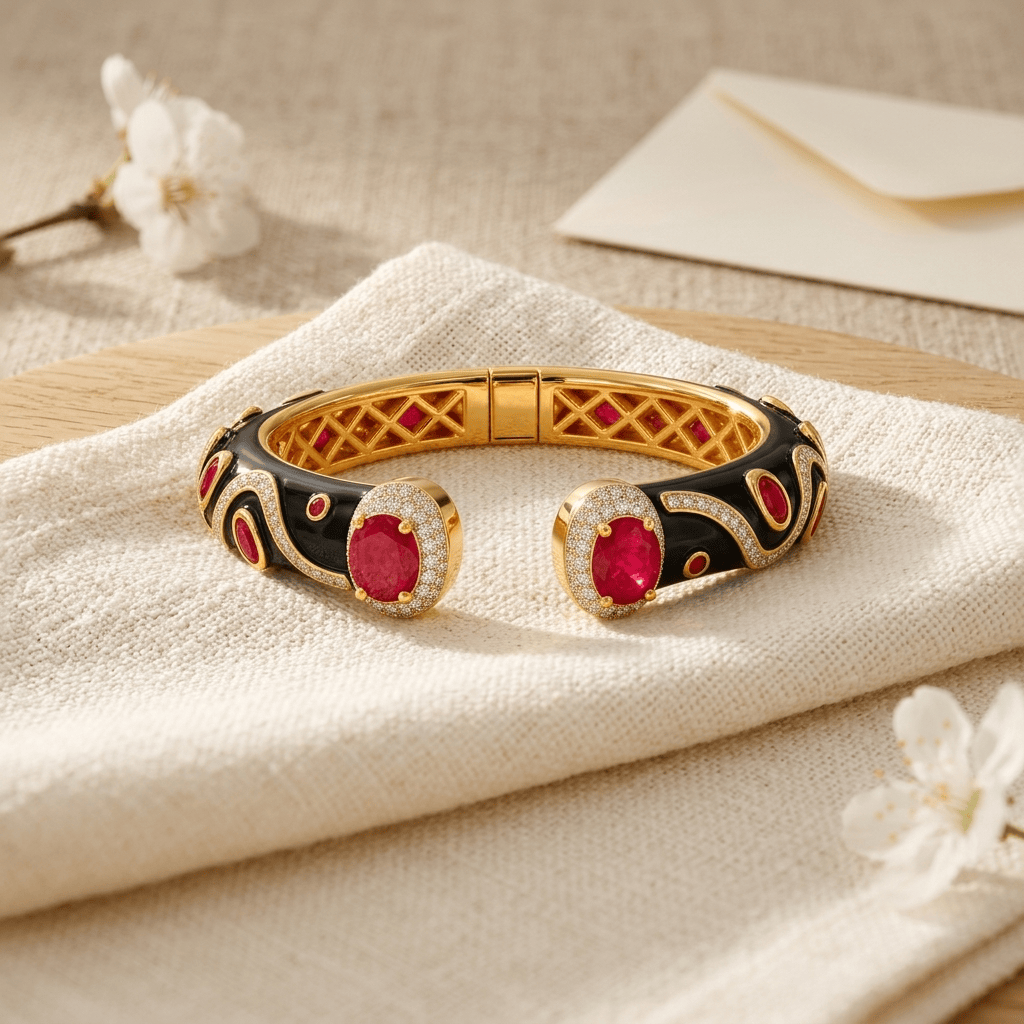 Mataari Bracelets Antique Gold Enamel Cubic Zirconia Openable Kada Bracelet