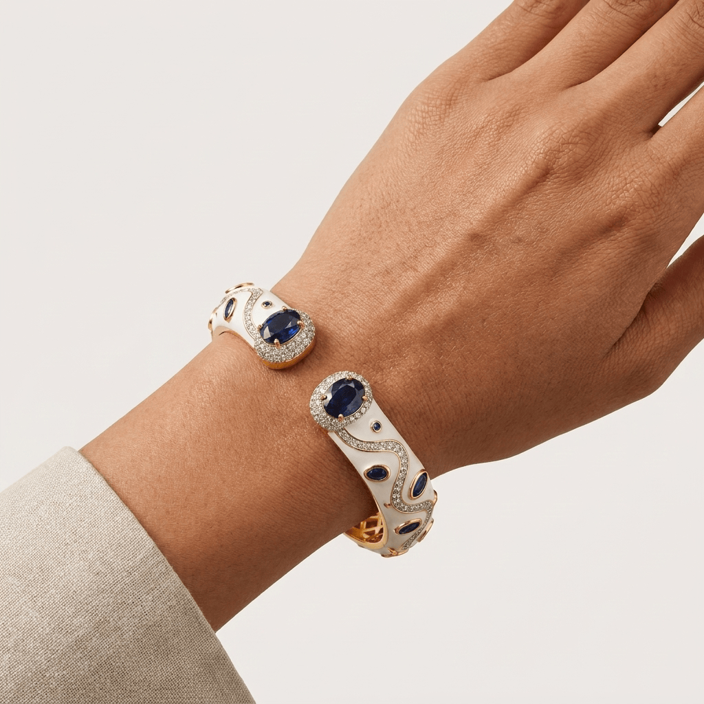 Mataari Bracelets Antique Gold Enamel Cubic Zirconia Openable Kada Bracelet