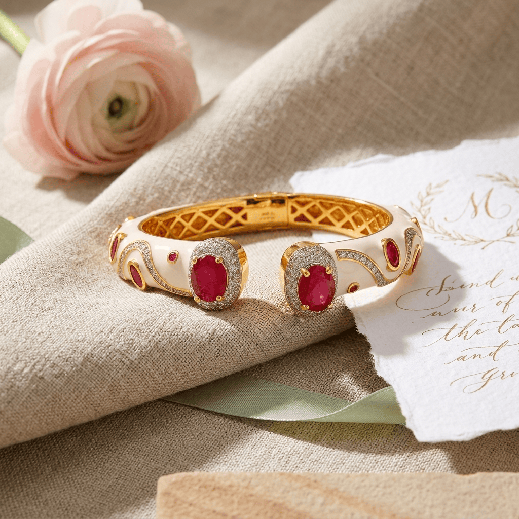 Mataari Bracelets Antique Gold Enamel Cubic Zirconia Openable Kada Bracelet