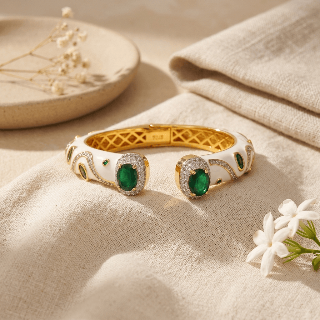 Mataari Bracelets Antique Gold Enamel Cubic Zirconia Openable Kada Bracelet
