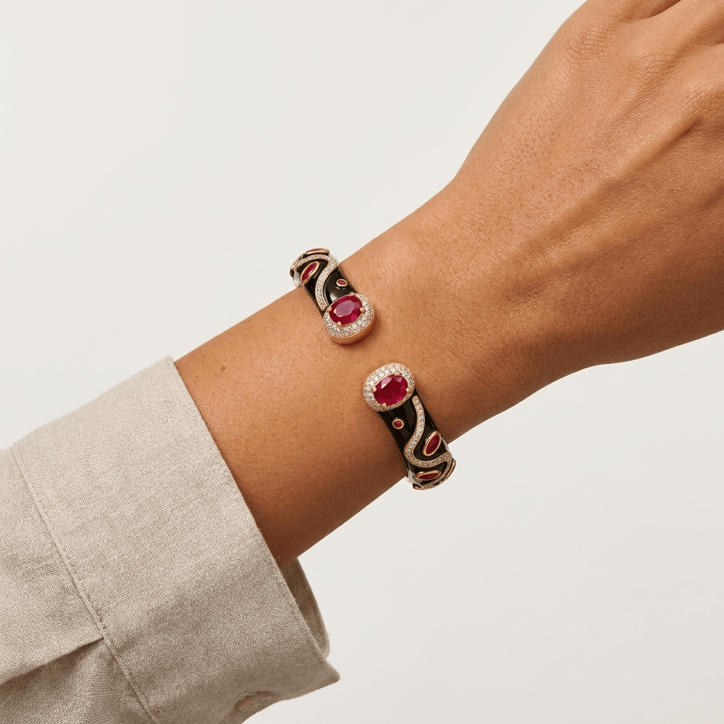Mataari Bracelets Antique Gold Enamel Cubic Zirconia Openable Kada Bracelet